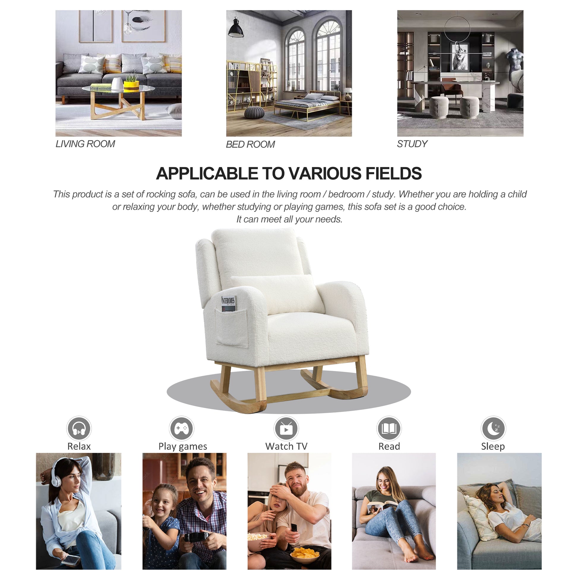 Video Welike 27.5 "W Modern Accent High Back Living Room Casual Armchair Rocker With One Lumbar Pillow, Two Side Pockets,Teddy White Ivory Ivory Foam Fabric