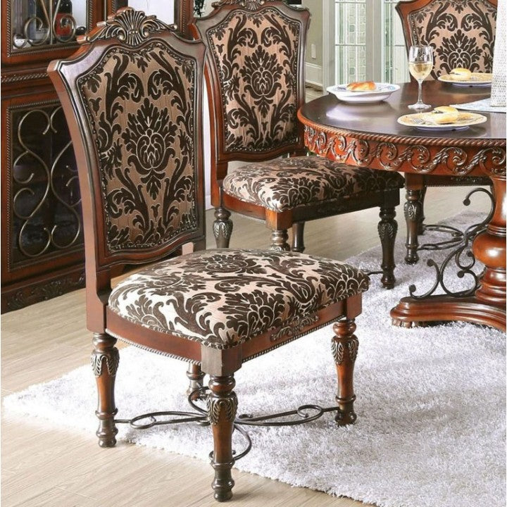 Traditional Fancy Set Of 2Pcs Side Chairs Brown Cherry Solid Wood Intricate Carved Details Floral Design Print Fabric Seats Formal Dining Room Furniture Brown Brown Dining Room Traditional Dining Chairs Solid Wood