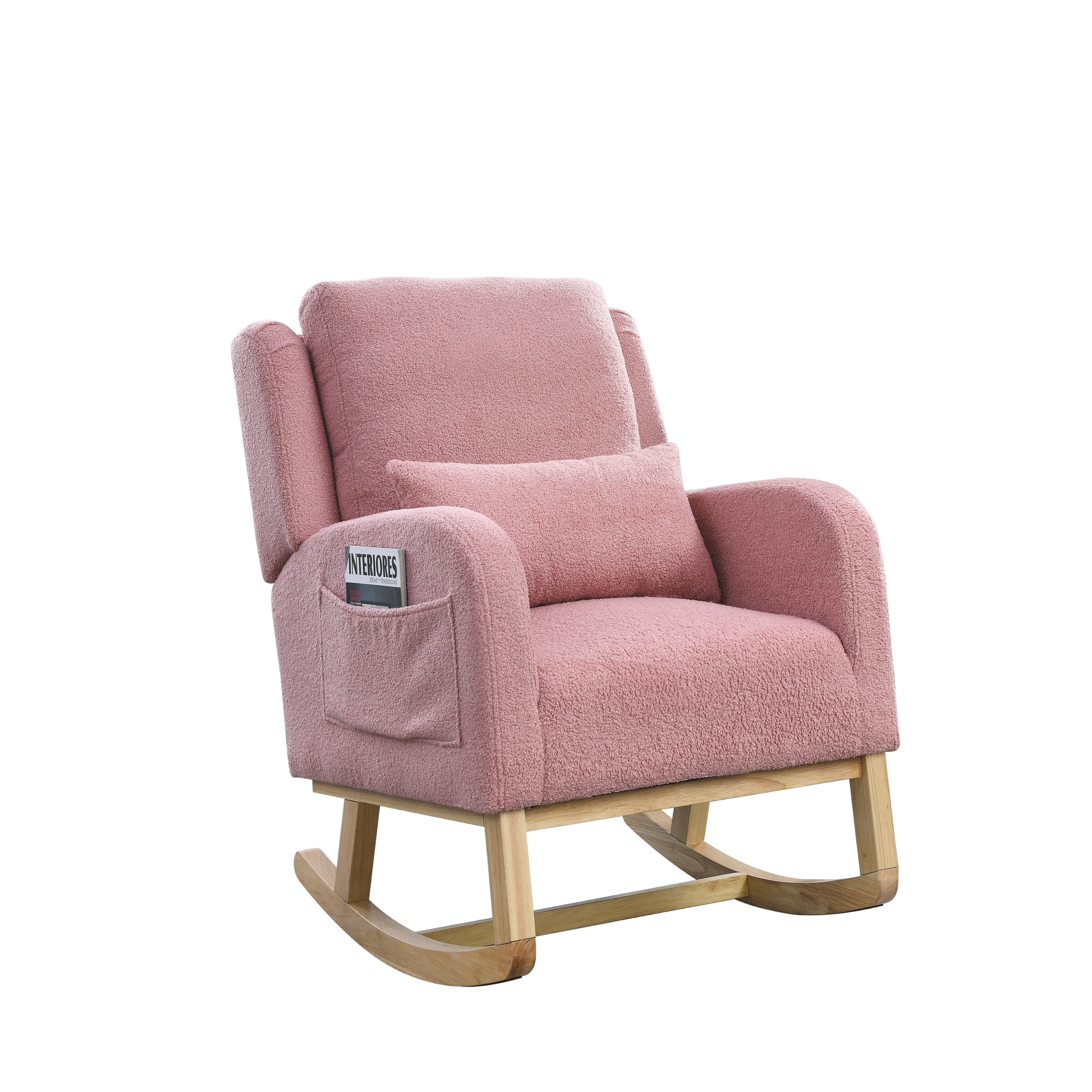 Video Welike 27.5 "W Modern Accent High Back Living Room Casual Armchair Rocker With One Lumbar Pillow, Two Side Pockets,Teddy. Pink Teddy Foam Fabric