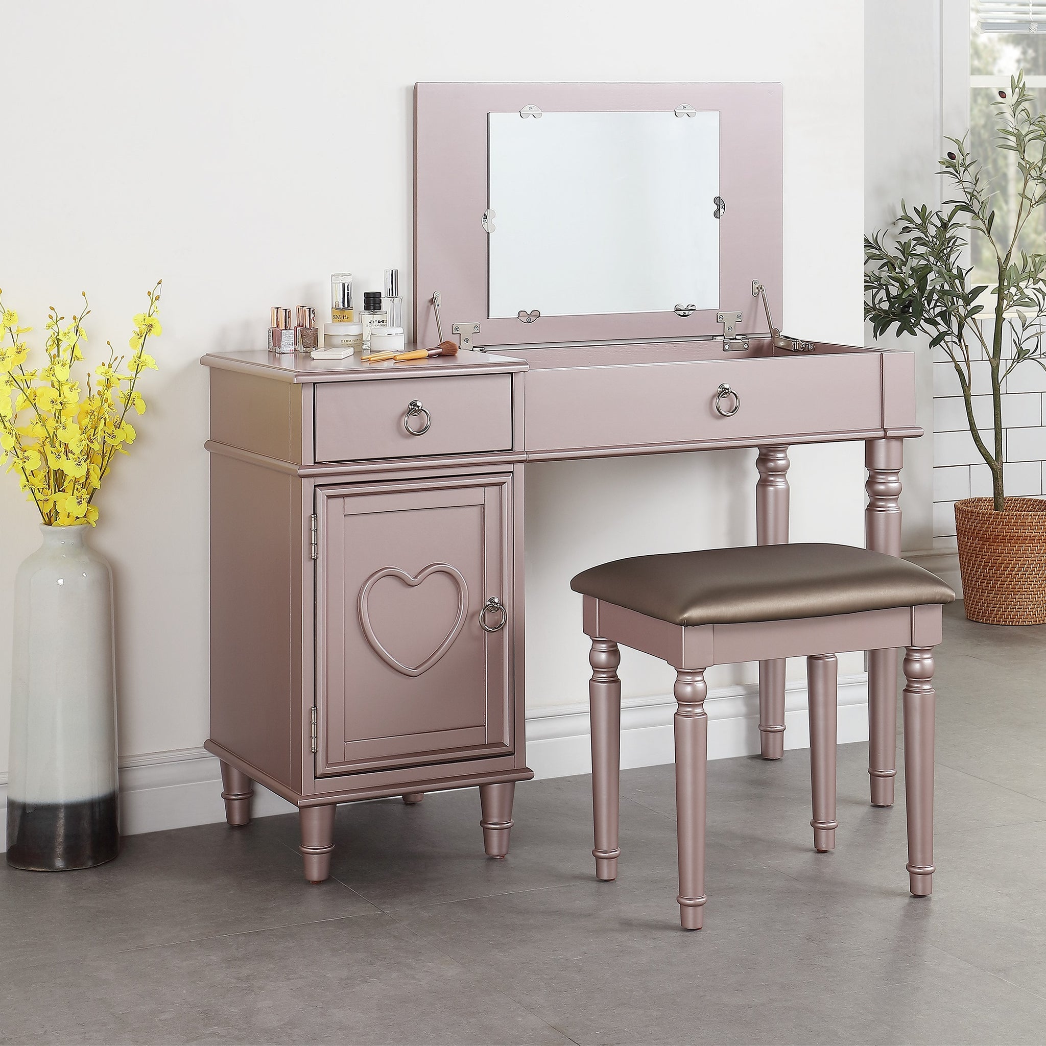 Bedroom Vanity Set W Stool Open Up Mirror Storage Space Drawers Rubber Wood Ring Pull Handles Rose Gold Color Vanity Rose Gold Bedroom Traditional Poplar Rubber Wood