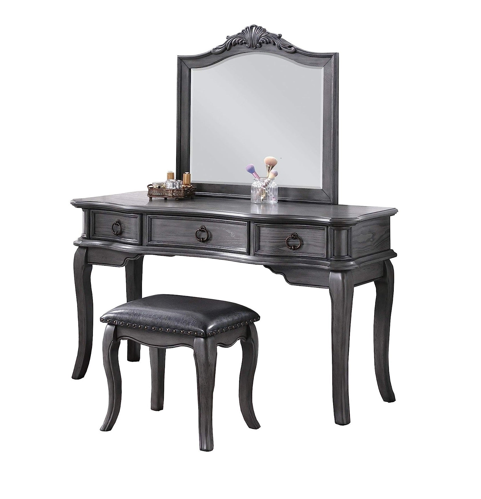 Contemporary Grey Finish Vanity Set W Stool Retro Style Drawers Cabriole Tapered Legs Mirror W Floral Crown Molding Bedroom Furniture Grey Gray Bedroom Contemporary Poplar Rubber Wood