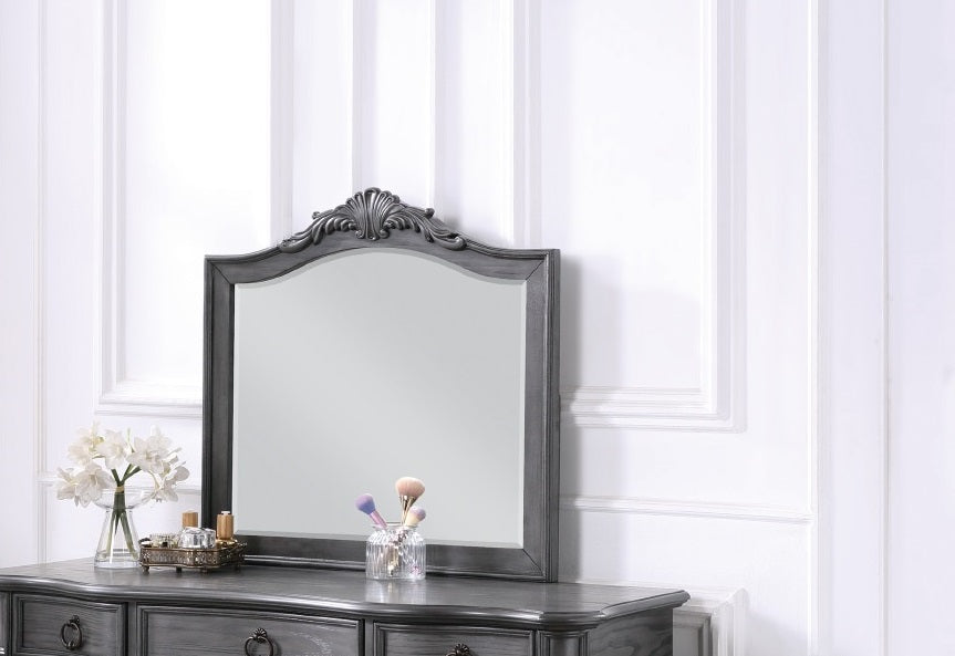 Contemporary Grey Finish Vanity Set W Stool Retro Style Drawers Cabriole Tapered Legs Mirror W Floral Crown Molding Bedroom Furniture Grey Gray Bedroom Contemporary Poplar Rubber Wood