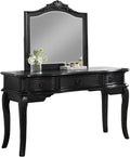 Contemporary Black Color Vanity Set W Stool Retro Style Drawers Cabriole Tapered Legs Mirror W Floral Crown Molding Bedroom Furniture Black Bedroom Contemporary Poplar Rubber Wood