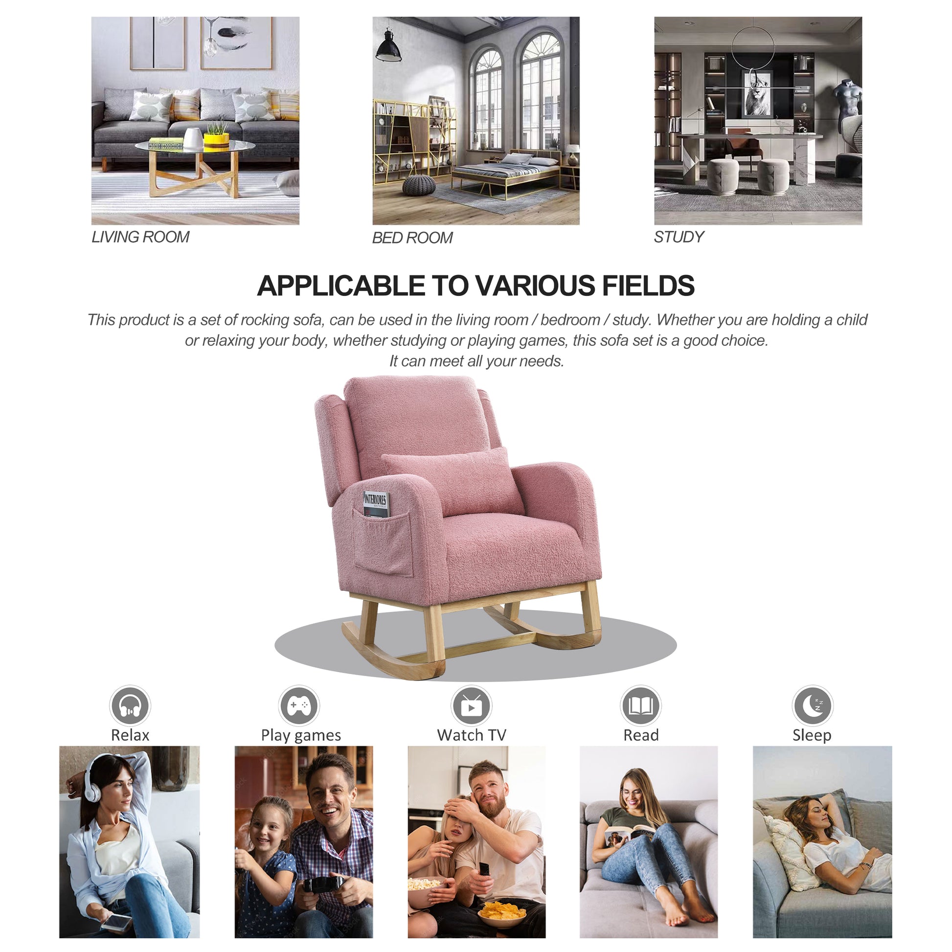 Video Welike 27.5 "W Modern Accent High Back Living Room Casual Armchair Rocker With One Lumbar Pillow, Two Side Pockets,Teddy. Pink Teddy Foam Fabric
