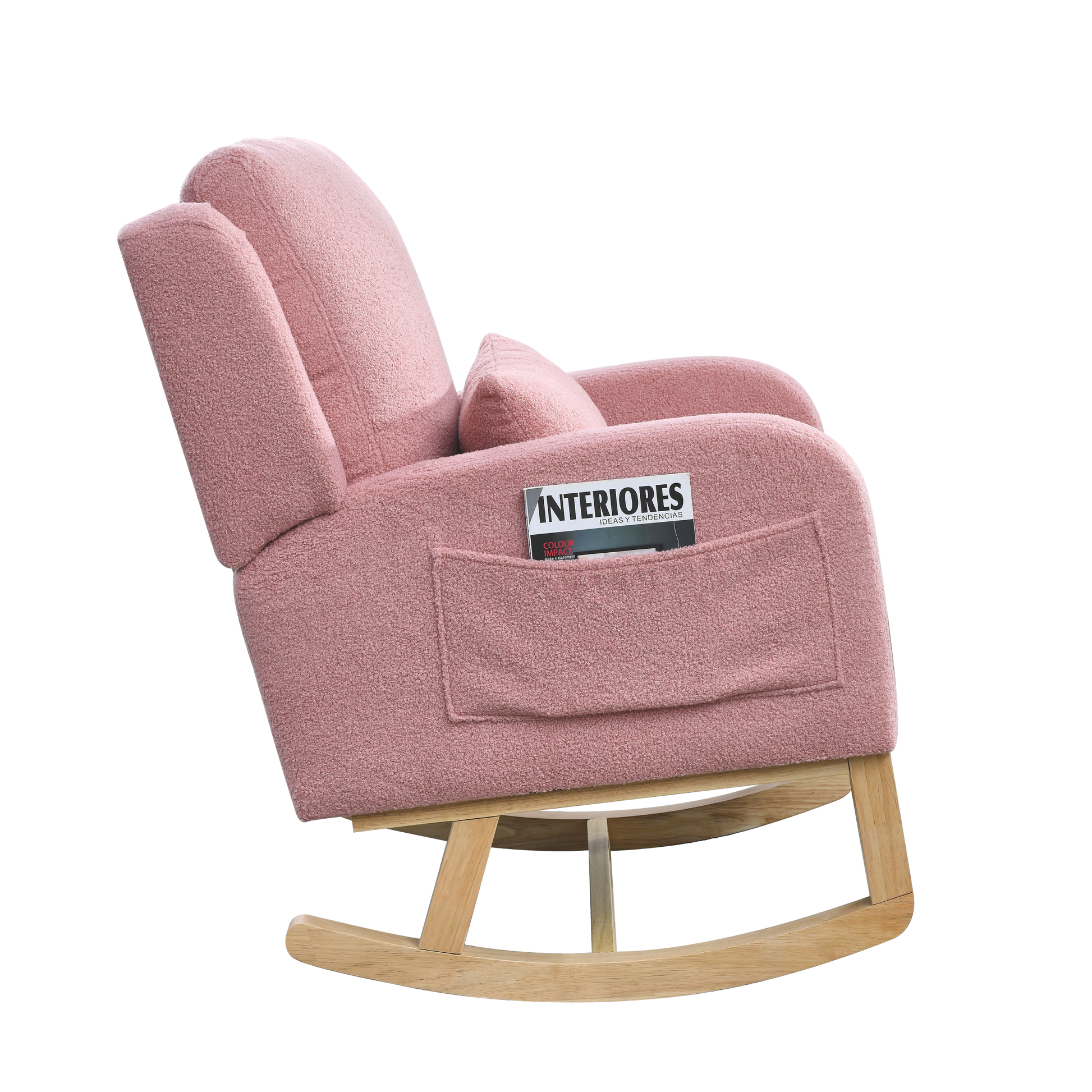 Video Welike 27.5 "W Modern Accent High Back Living Room Casual Armchair Rocker With One Lumbar Pillow, Two Side Pockets,Teddy. Pink Teddy Foam Fabric