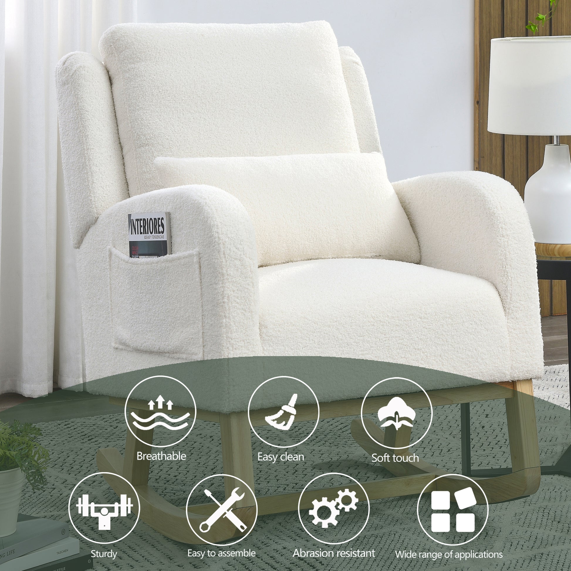 Video Welike 27.5 "W Modern Accent High Back Living Room Casual Armchair Rocker With One Lumbar Pillow, Two Side Pockets,Teddy White Ivory Ivory Foam Fabric