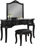 Contemporary Black Color Vanity Set W Stool Retro Style Drawers Cabriole Tapered Legs Mirror W Floral Crown Molding Bedroom Furniture Black Bedroom Contemporary Poplar Rubber Wood