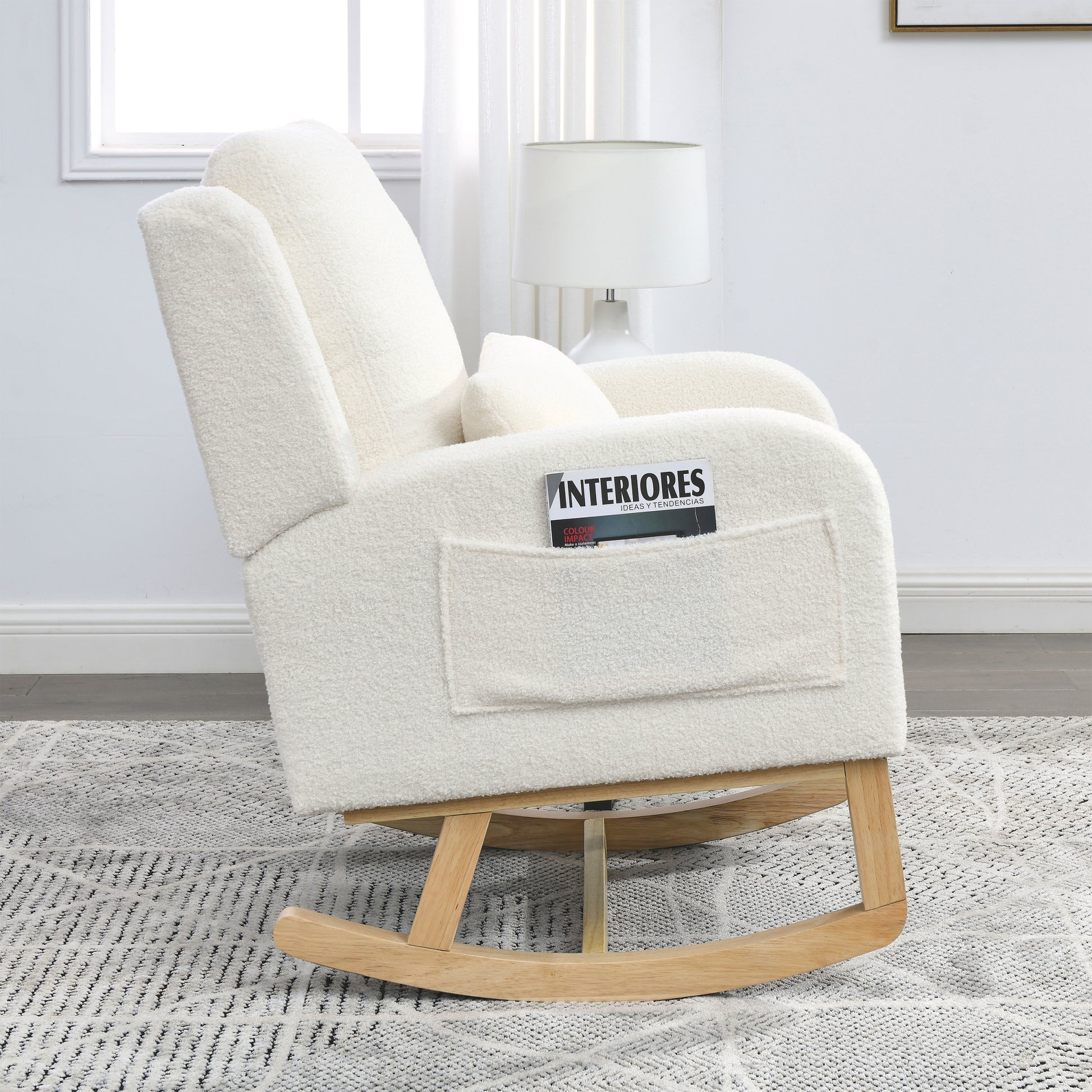 Video Welike 27.5 "W Modern Accent High Back Living Room Casual Armchair Rocker With One Lumbar Pillow, Two Side Pockets,Teddy White Ivory Ivory Foam Fabric