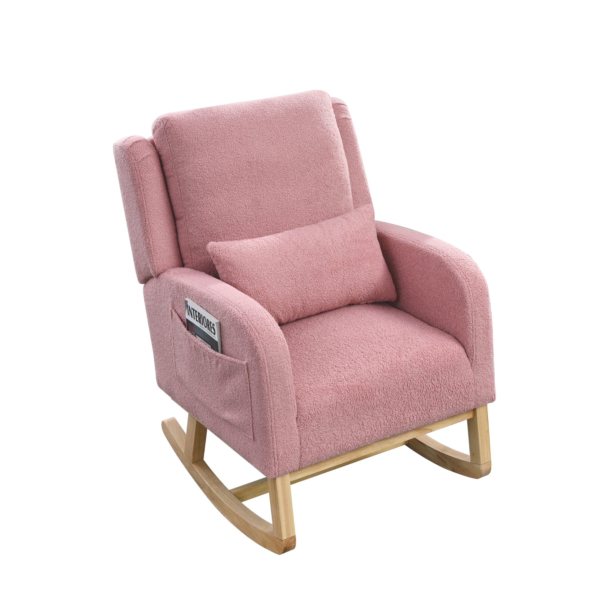 Video Welike 27.5 "W Modern Accent High Back Living Room Casual Armchair Rocker With One Lumbar Pillow, Two Side Pockets,Teddy. Pink Teddy Foam Fabric