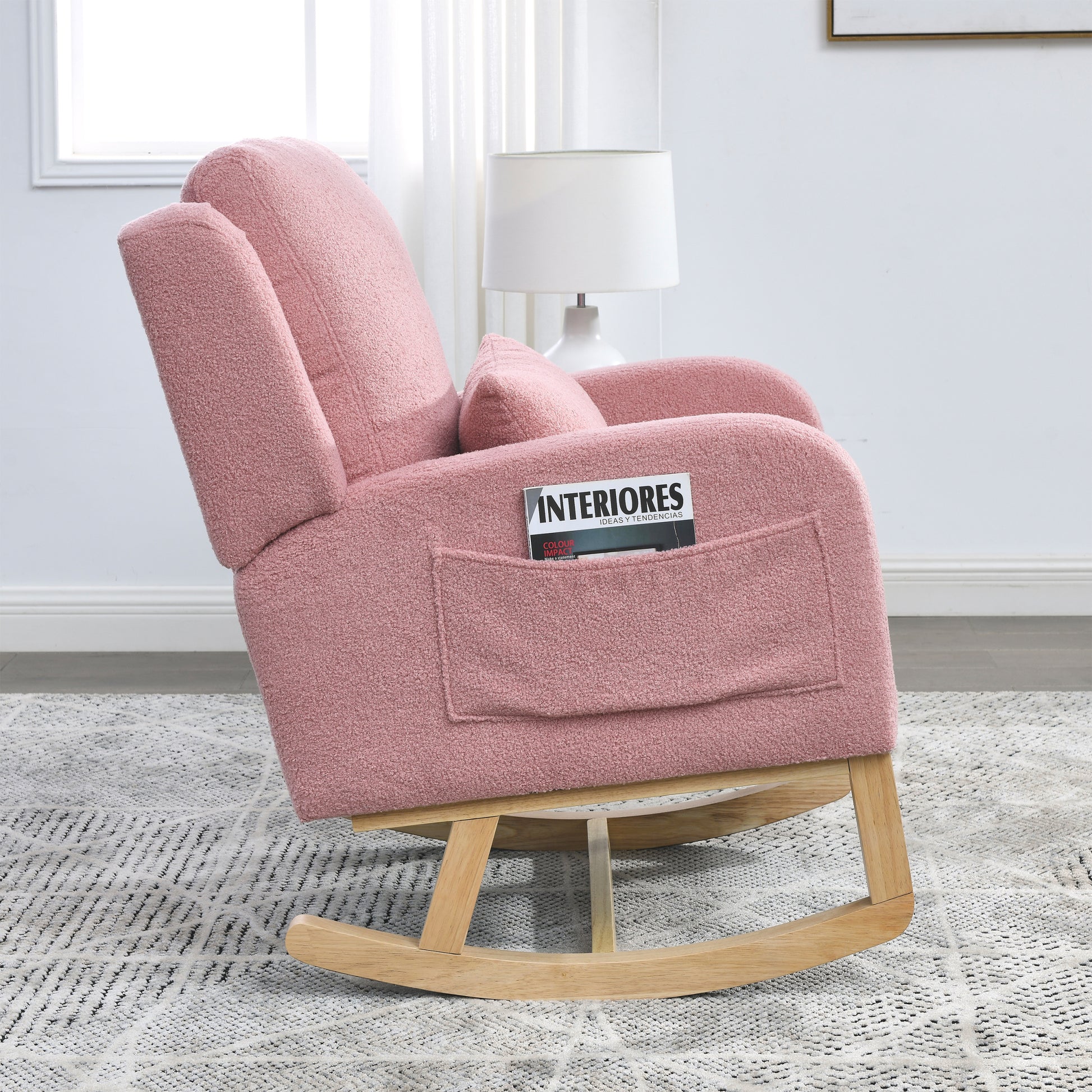 Video Welike 27.5 "W Modern Accent High Back Living Room Casual Armchair Rocker With One Lumbar Pillow, Two Side Pockets,Teddy. Pink Teddy Foam Fabric