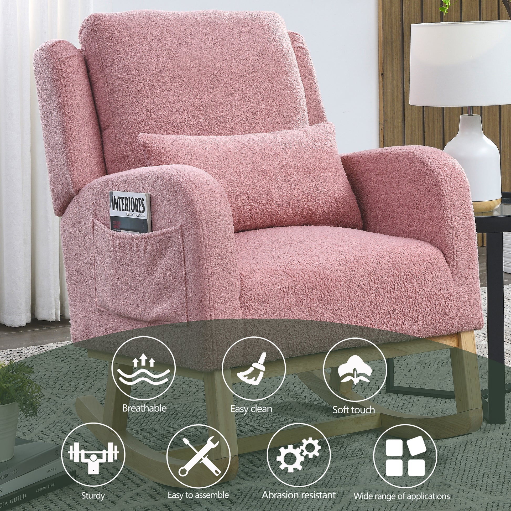 Video Welike 27.5 "W Modern Accent High Back Living Room Casual Armchair Rocker With One Lumbar Pillow, Two Side Pockets,Teddy. Pink Teddy Foam Fabric