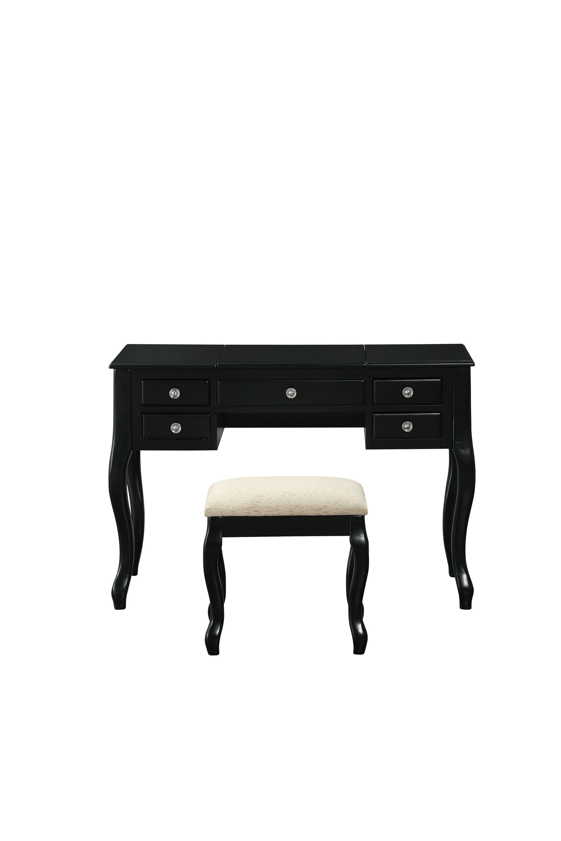 Classic 1Pc Vanity Set W Stool Black Color Drawers Open Up Mirror Bedroom Furniture Unique Legs Cushion Seat Stool Vanity Black Bedroom Contemporary Padded Seat Poplar Rubber Wood