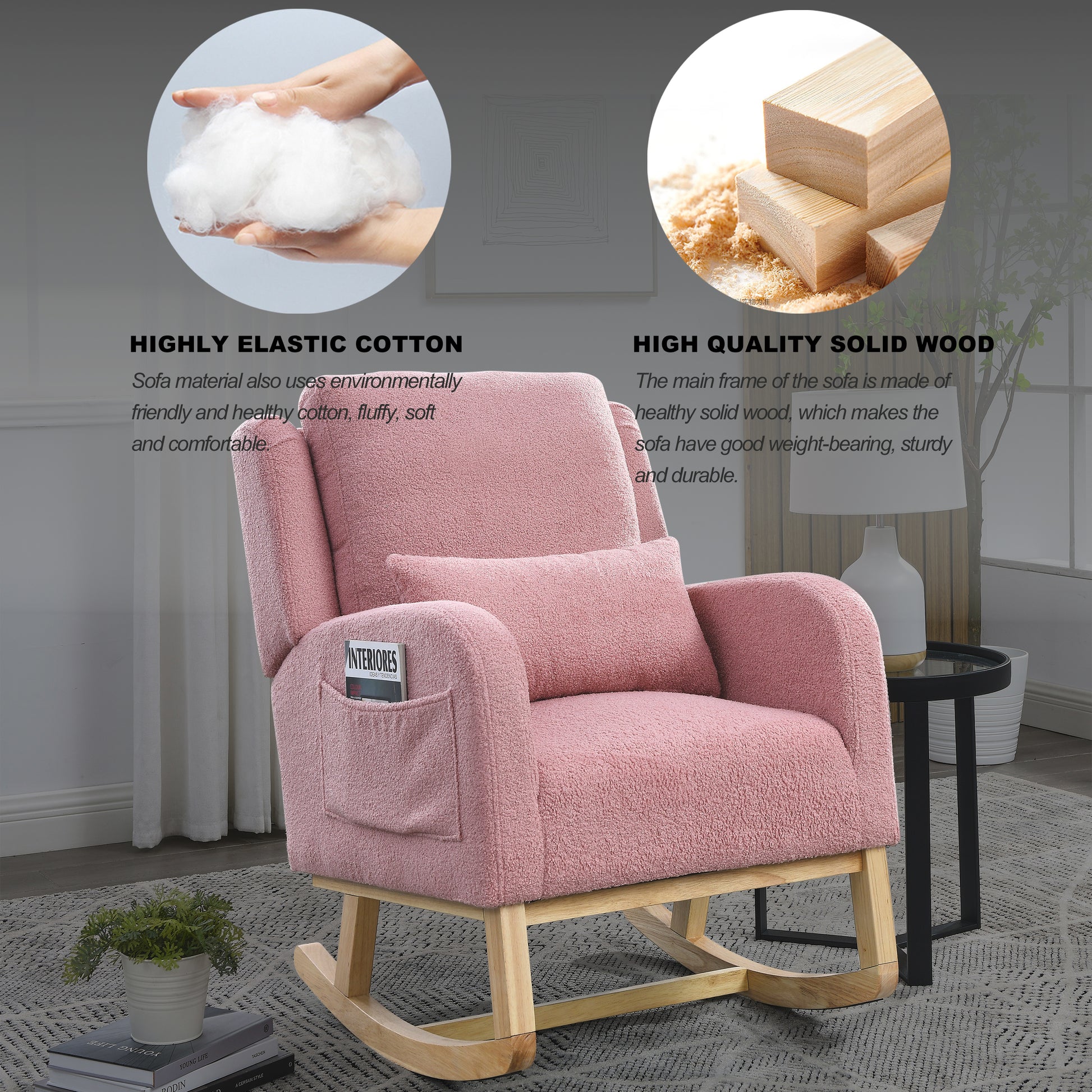 Video Welike 27.5 "W Modern Accent High Back Living Room Casual Armchair Rocker With One Lumbar Pillow, Two Side Pockets,Teddy. Pink Teddy Foam Fabric