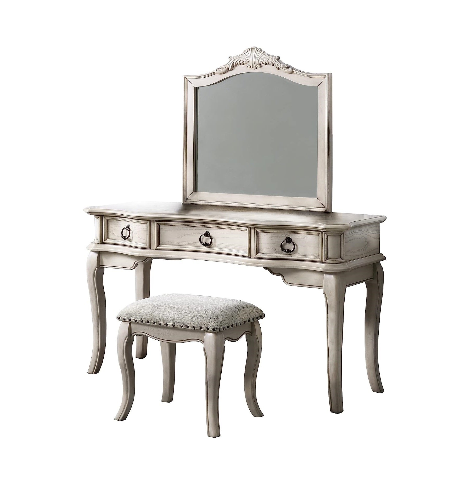 Contemporary Antique White Color Vanity Set W Stool Retro Style Drawers Cabriole Tapered Legs Mirror W Floral Crown Molding Bedroom Furniture Antique White Bedroom Contemporary Poplar Rubber Wood