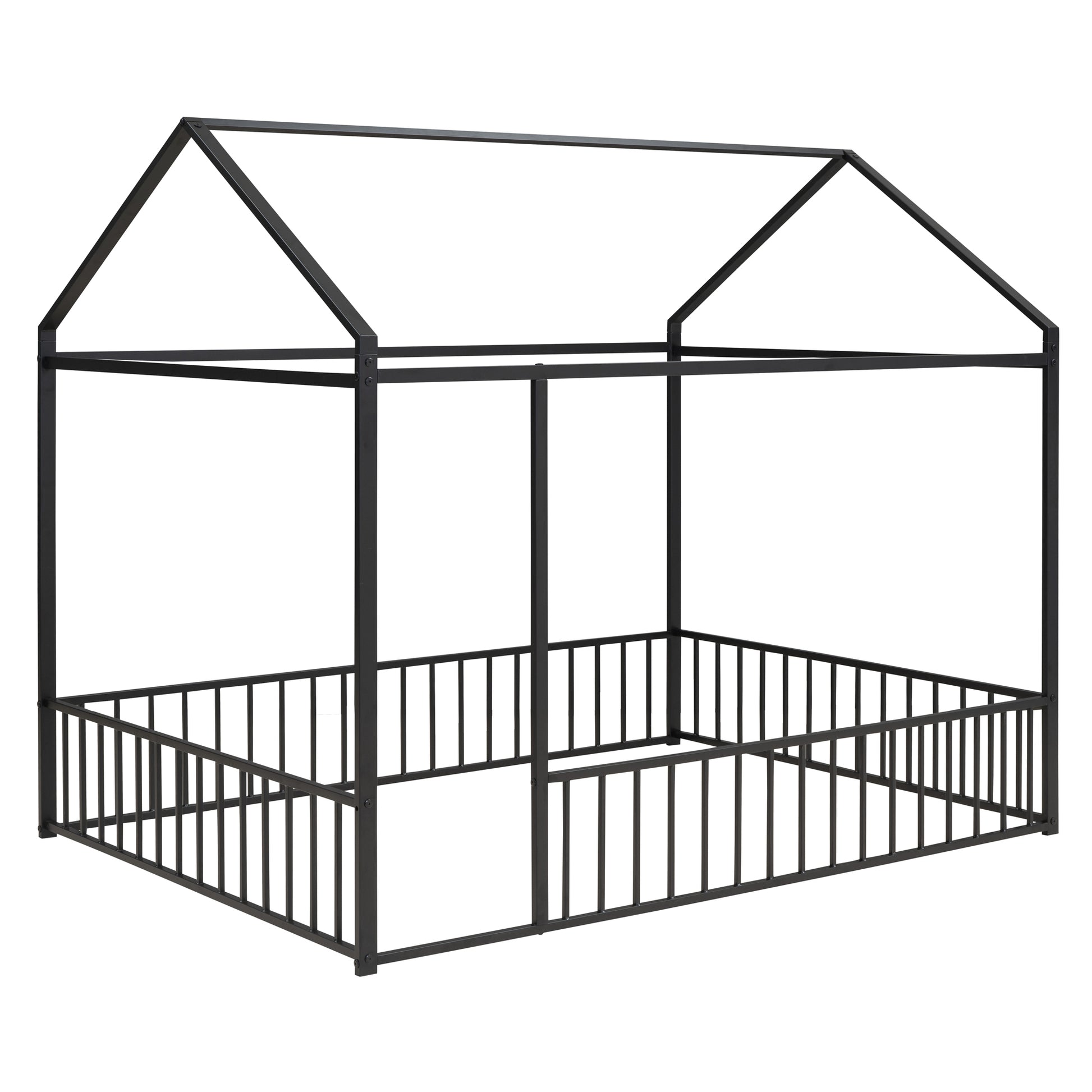 Full Size Metal Bed House Bed Frame With Fence, For Kids, Teens, Girls, Boys,Black Black Metal