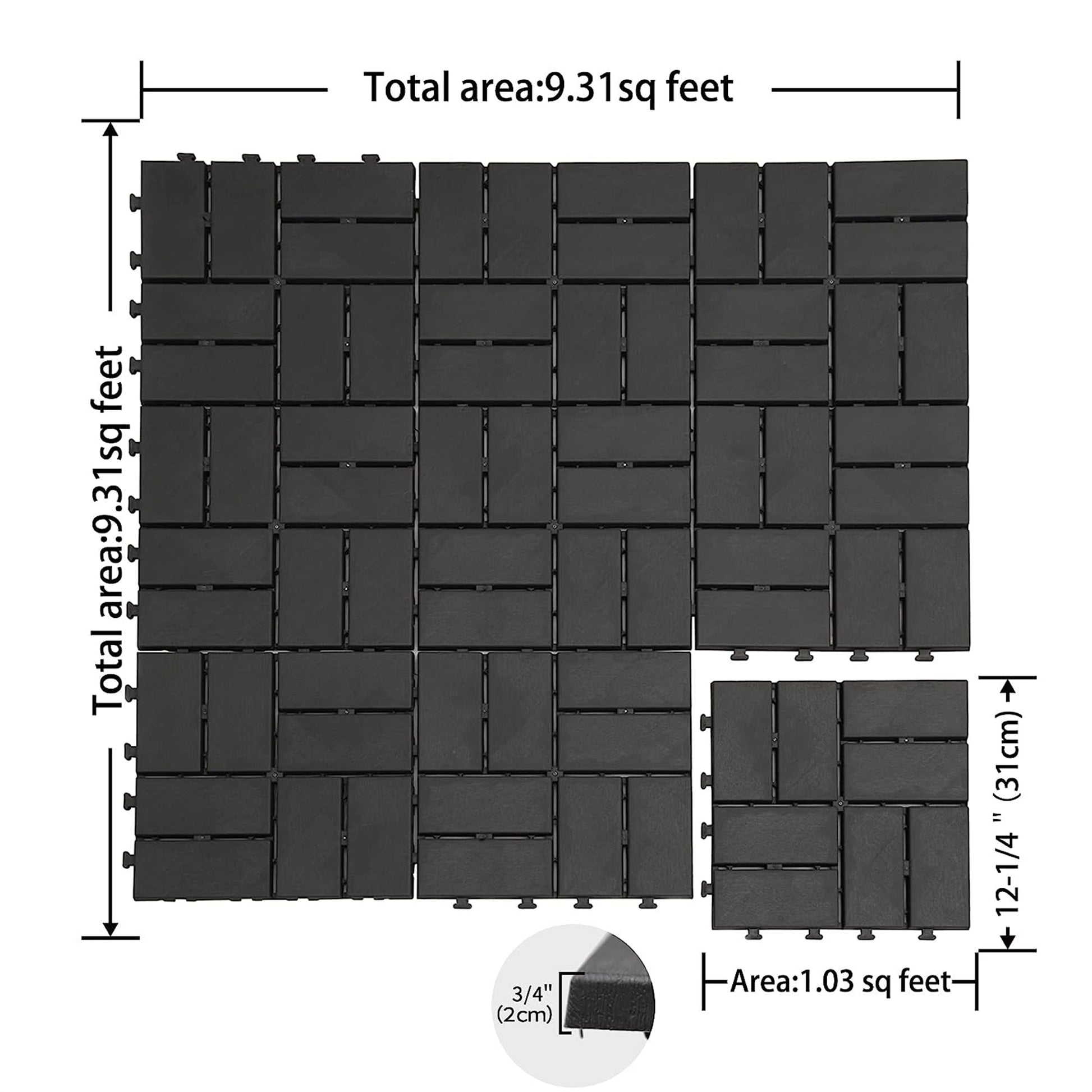 Patio Interlocking Deck Tiles, 12"X12" Square Composite Decking Tiles, Checked Plastic Outdoor Flooring Tile All Weather For Balcony Porch Backyard, Gray, Pack Of 9 Gray Plastic