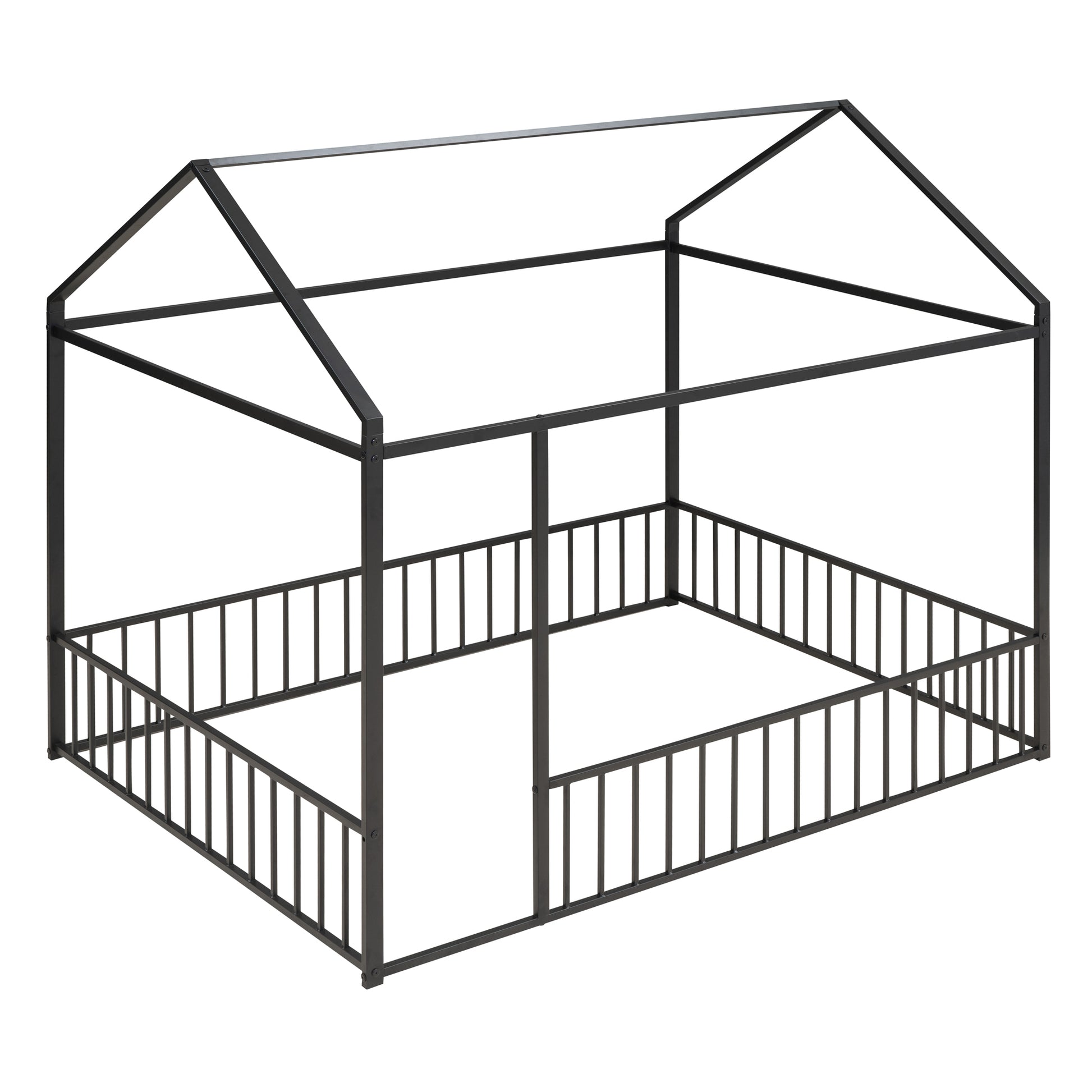 Full Size Metal Bed House Bed Frame With Fence, For Kids, Teens, Girls, Boys,Black Black Metal