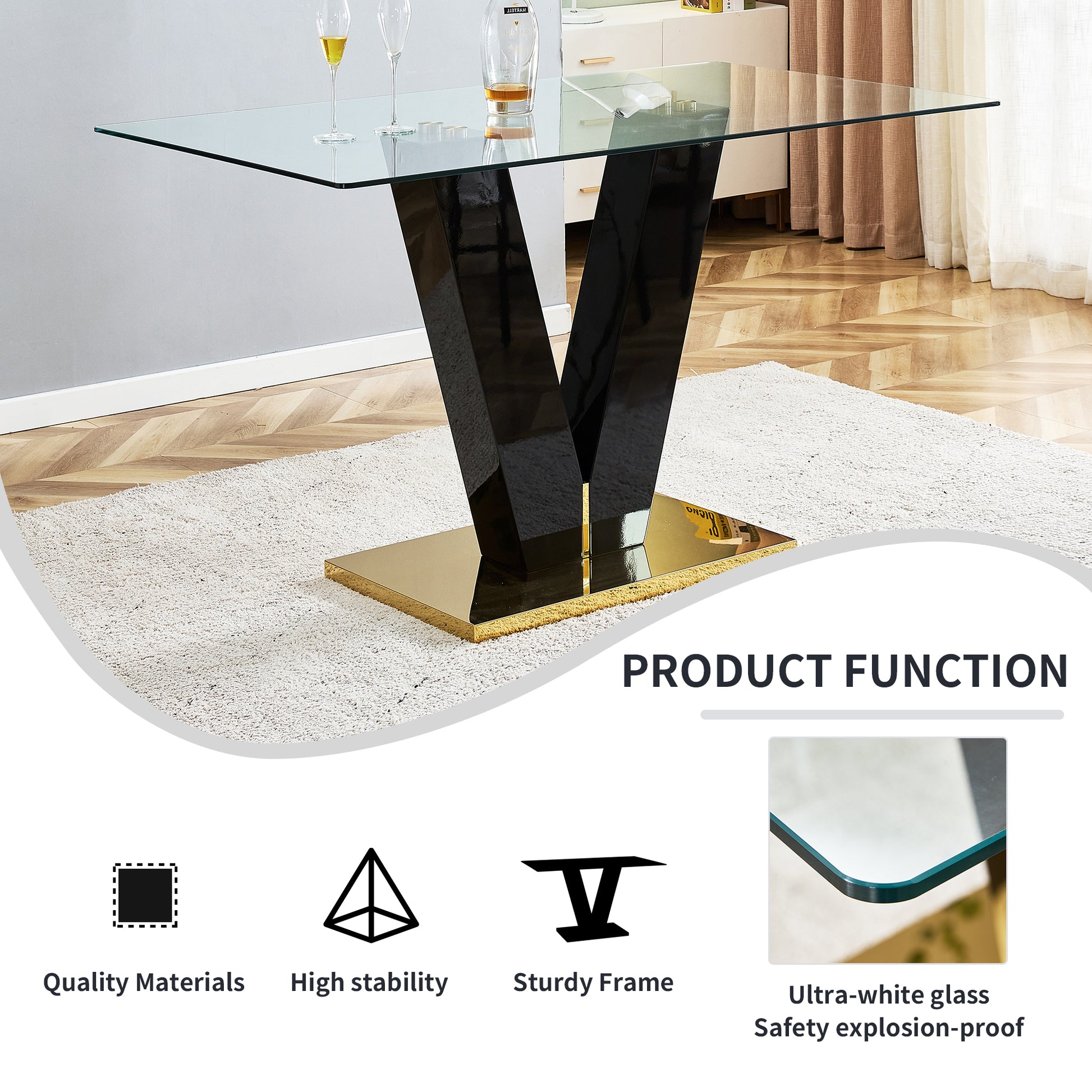 Large Modern Minimalist Rectangular Glass Dining Table For 6 8 With 0.4" Tempered Glass Tabletop And Mdf Slab V Shaped Bracket,For Kitchen Dining Living Meeting Room Banquet Hall F V Transparent Glass