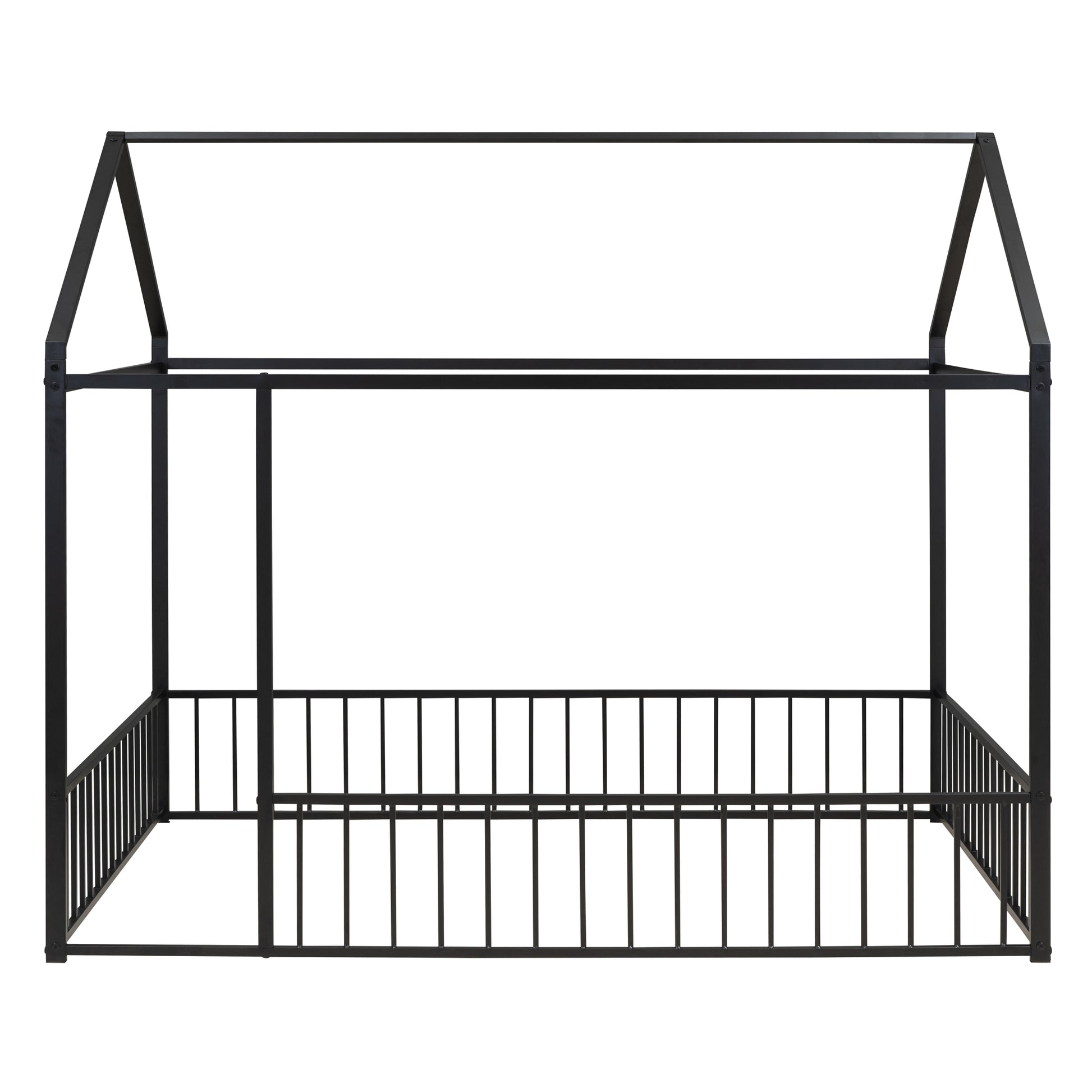 Full Size Metal Bed House Bed Frame With Fence, For Kids, Teens, Girls, Boys,Black Black Metal