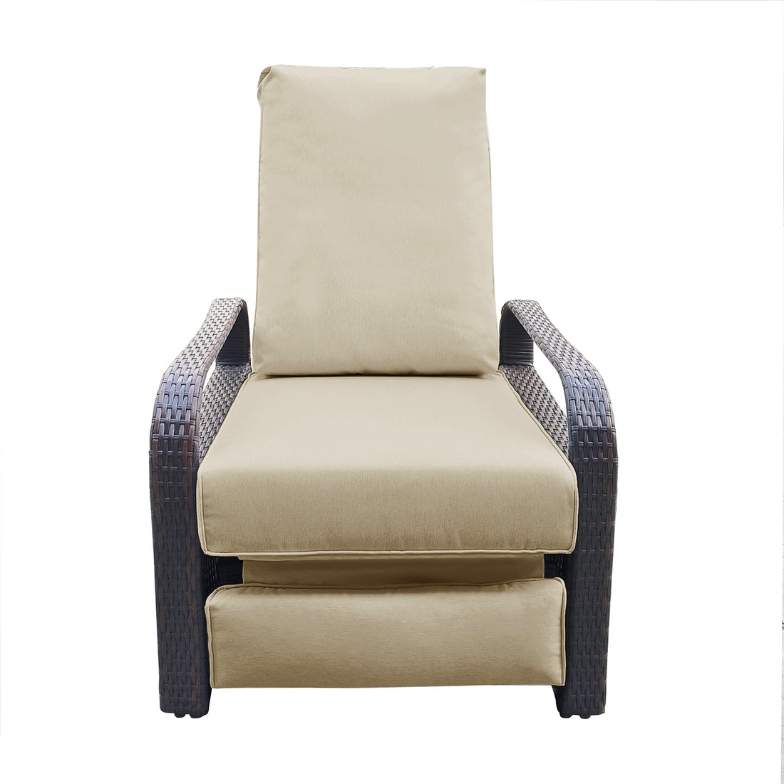 Outdoor Recliner, Automatic Adjustable Wicker Lounge Recliner Chair With Comfy Thicken Cushion, All Weather Aluminum Frame, Brown Wicker Khaki Cushion Yes Lounge Khaki Rust Resistant Frame Fade Resistant Cushion Garden & Outdoor Classic Complete Patio