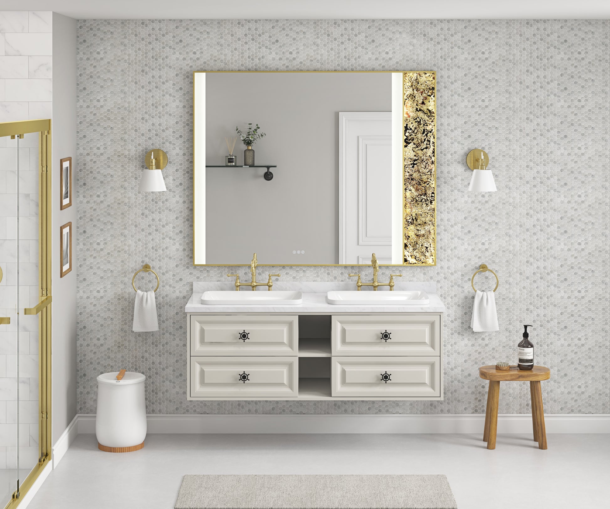 60In. W X 48 In. H Led Lighted Bathroom Wall Mounted Mirror With High Lumen Anti Fog Separately Control Natural Stone Decoration Decoration Follows Led Changesbedroom Full Length Mirror Bathroom Gold Aluminium