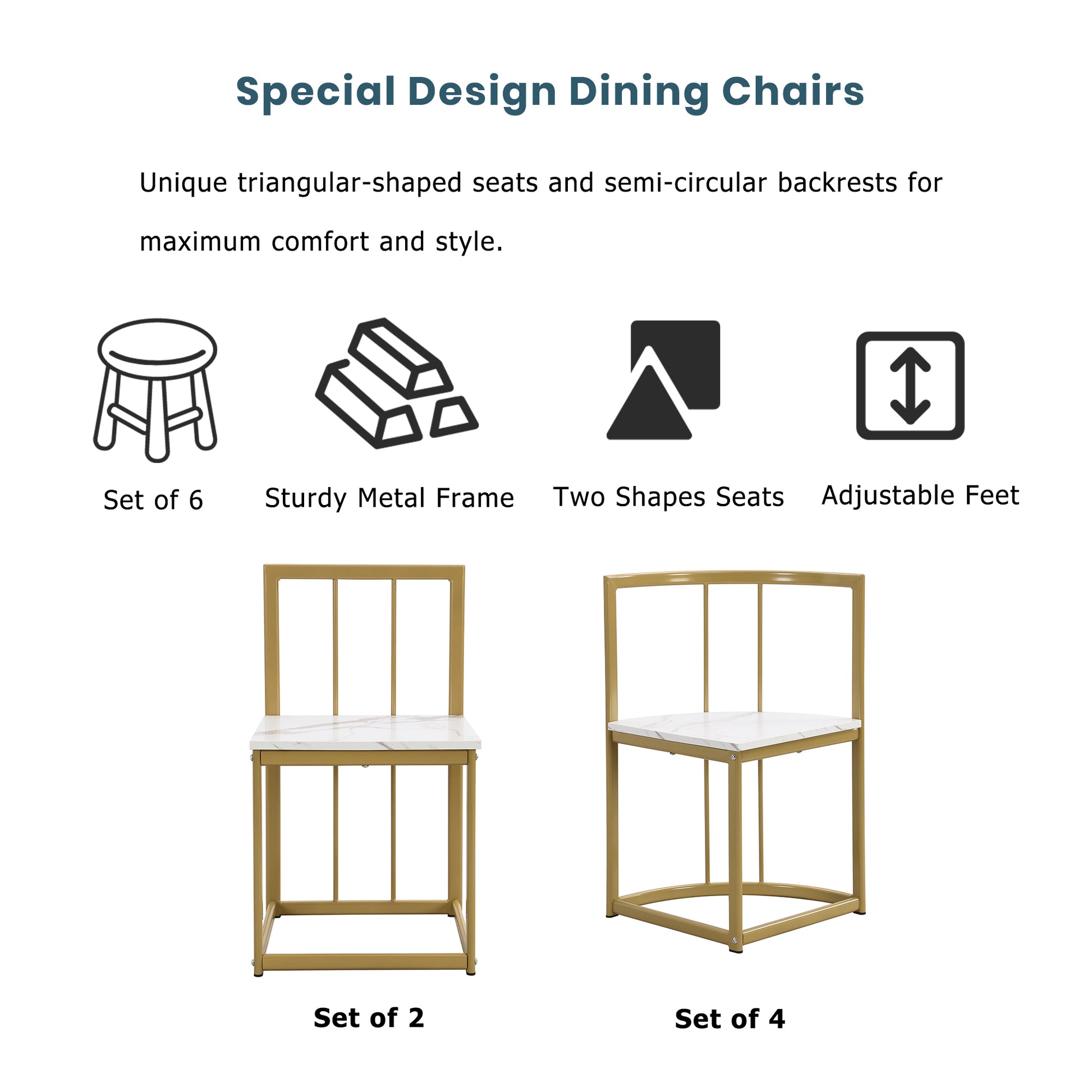 Modern 7 Piece Dining Table Set With Faux Marble Compact 55Inch Kitchen Table Set For 6, Golden White Metal Golden White Seats 6 Metal Dining Room Modern Dining Table With Chair Iron