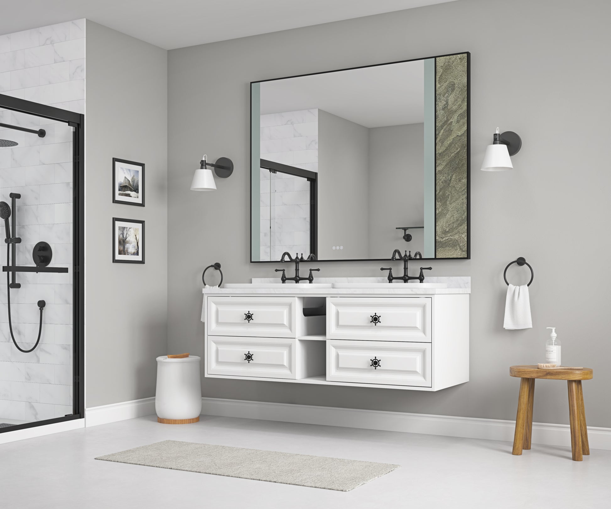 60*23*21in Wall Hung Doulble Sink Bath Vanity Cabinet white-abs+steel(q235)+wood+pvc