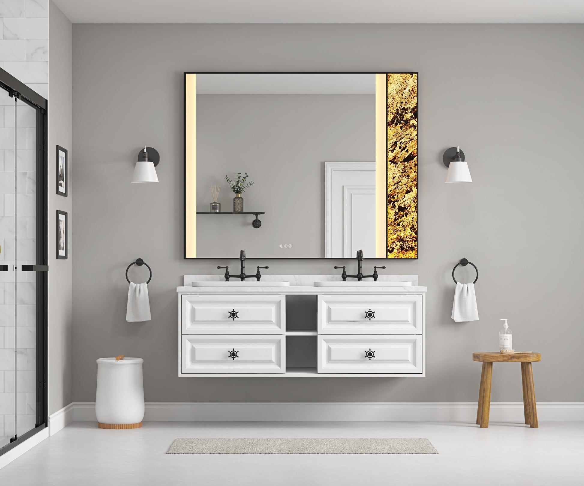 60X 48Inch Led Mirror Bathroom Vanity Mirror With Back Light, Wall Mount Anti Fog Memory Large Adjustable Vanity Mirrornatural Stone Decoration Decoration Follows Led Changes Matt Black Aluminium