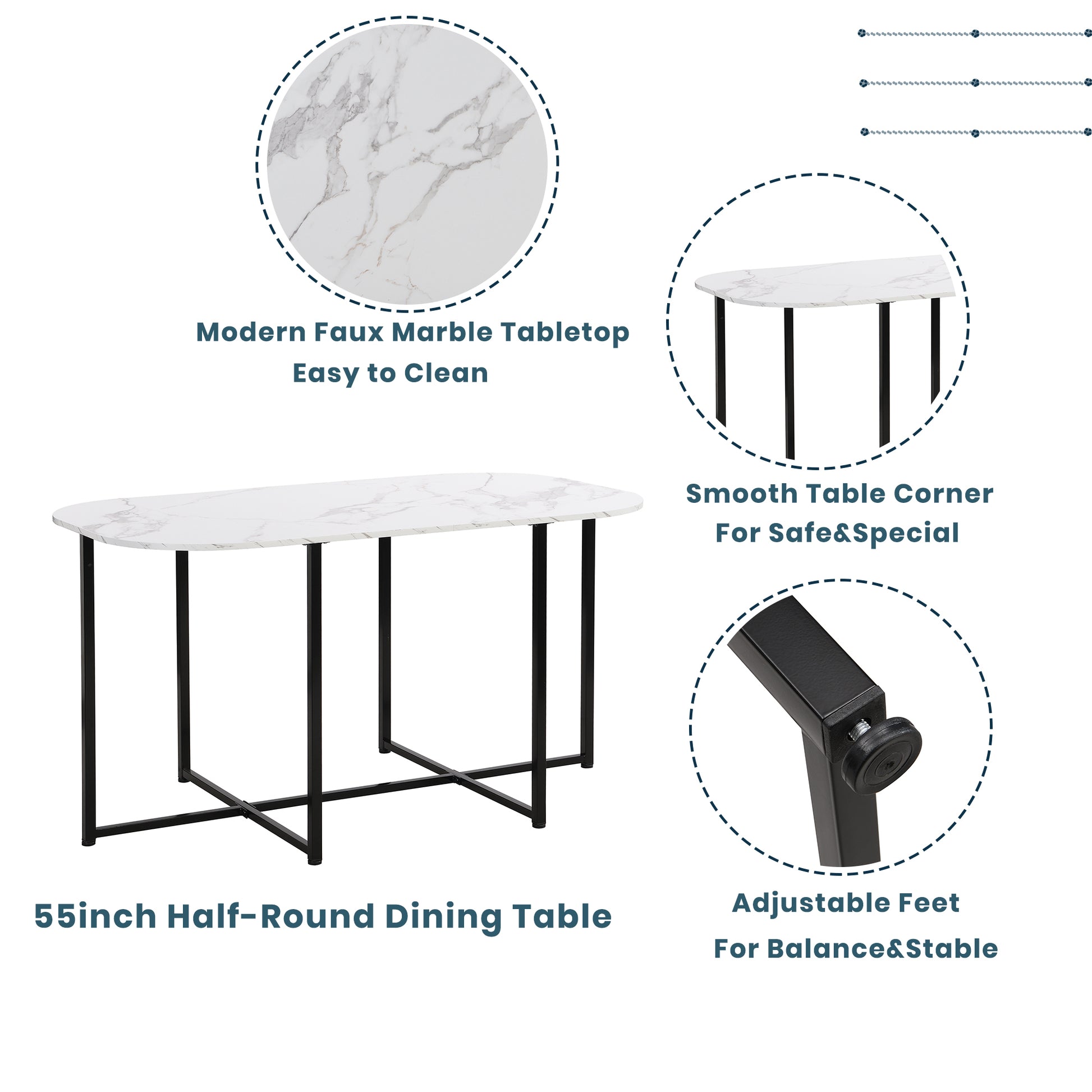 Modern 7 Piece Dining Table Set With Faux Marble Compact 55Inch Kitchen Table Set For 6, Black White Metal White Black Seats 6 Metal Dining Room Modern Dining Table With Chair Iron