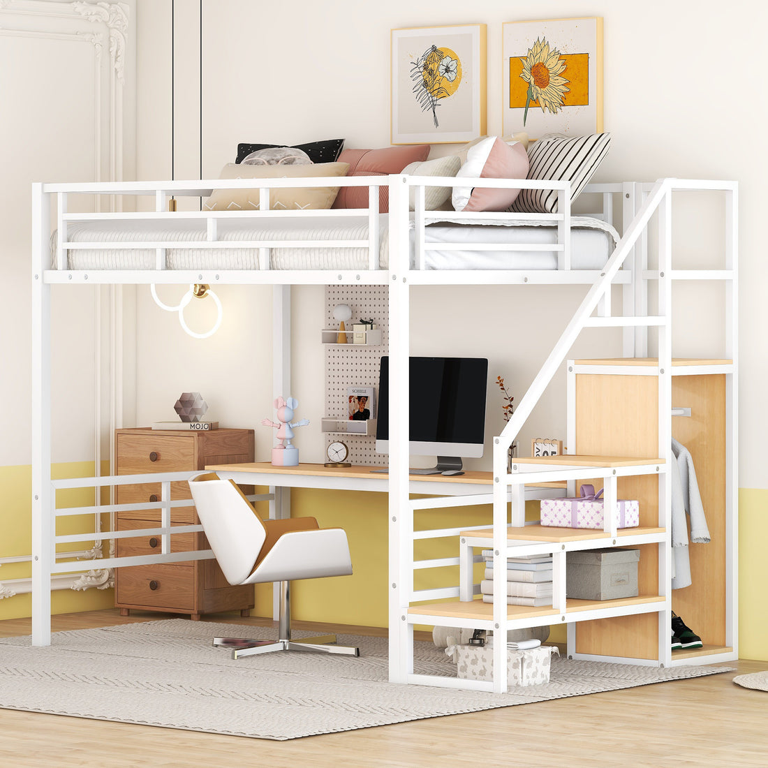 Full Size Metal Loft Bed With Desk, Storage Staircase And Small Wardrobe, Storage Stairs Can Be Installed Left And Right, White Box Spring Not Required Full White Metal Bedroom Bed Frame Metal