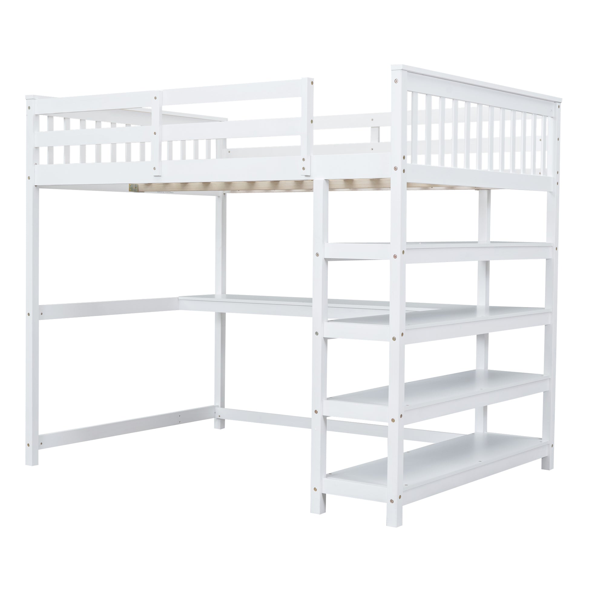 Full Size Loft Bed With Storage Shelves And Under Bed Desk, White Box Spring Not Required Full White Wood Bedroom Pine