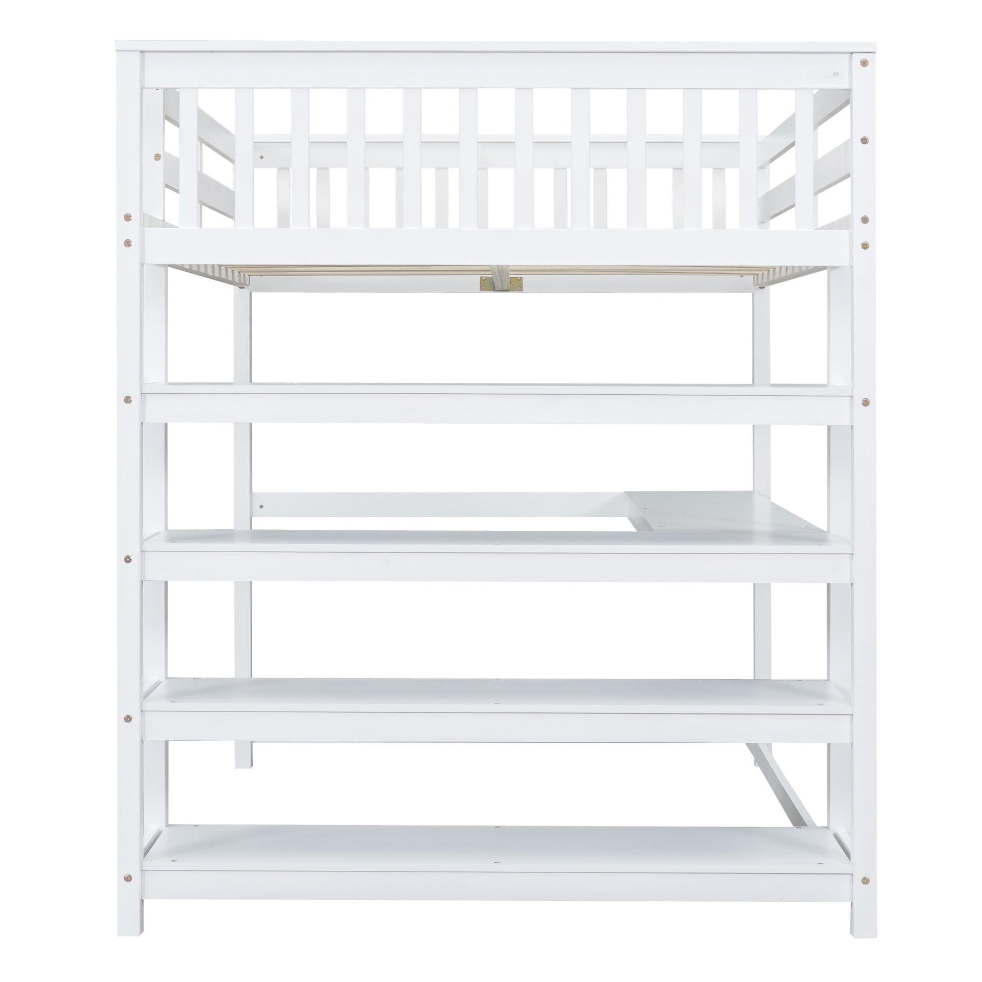 Full Size Loft Bed With Storage Shelves And Under Bed Desk, White Box Spring Not Required Full White Wood Bedroom Pine