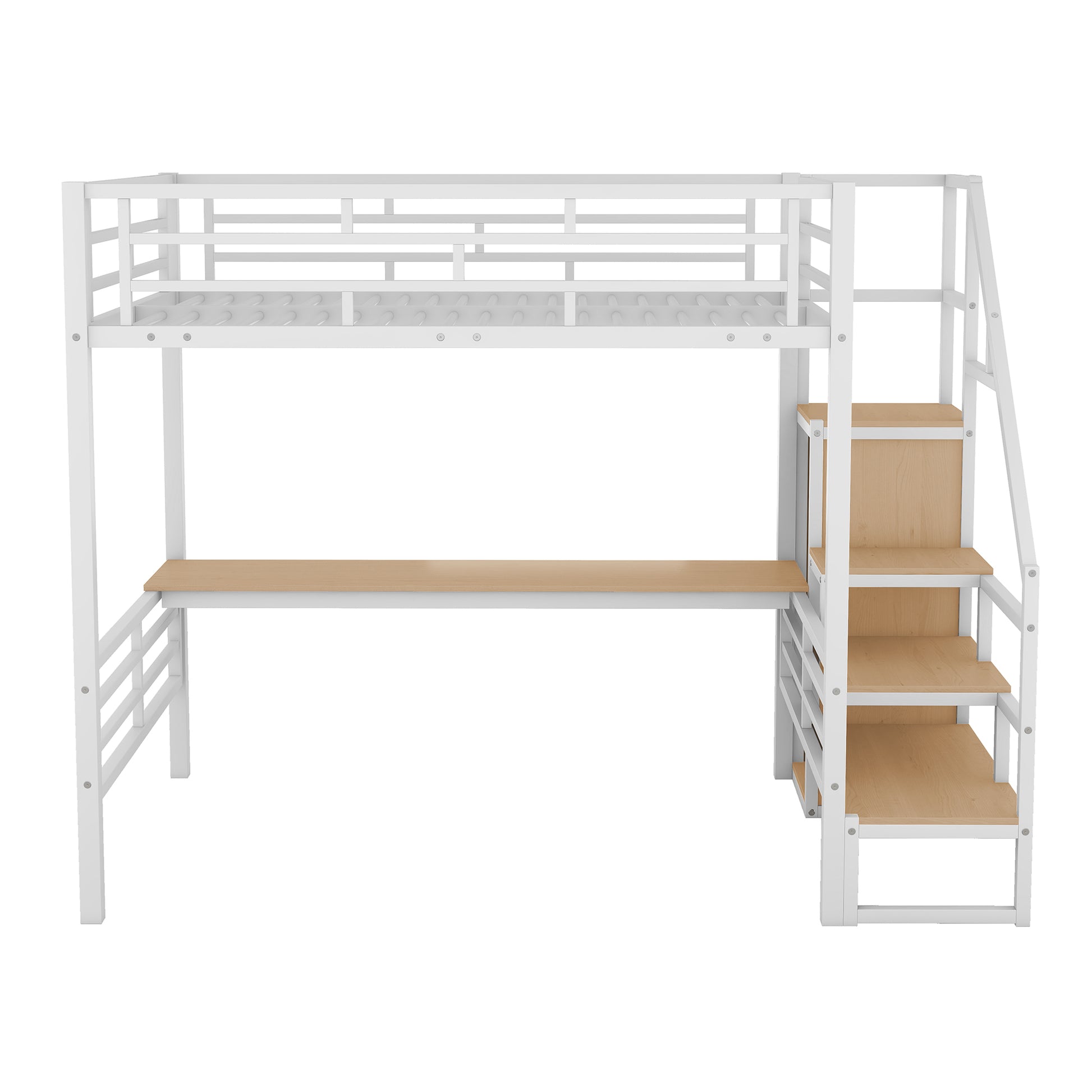 Full Size Metal Loft Bed With Desk, Storage Staircase And Small Wardrobe, Storage Stairs Can Be Installed Left And Right, White Box Spring Not Required Full White Metal Bedroom Bed Frame Metal