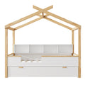White Full Size Wooden House Bed With Original Wood Colored Frame Twin Size Trundle And Bookshelf Storage Space For Children Or Guest Room Full White Wood