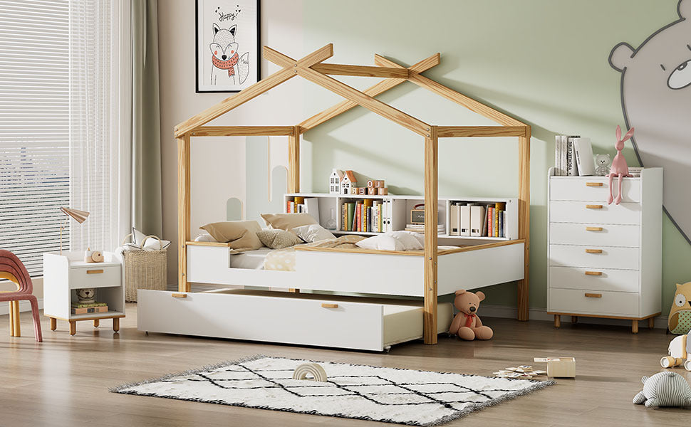 White Full Size Wooden House Bed with Original Wood full-white-wood