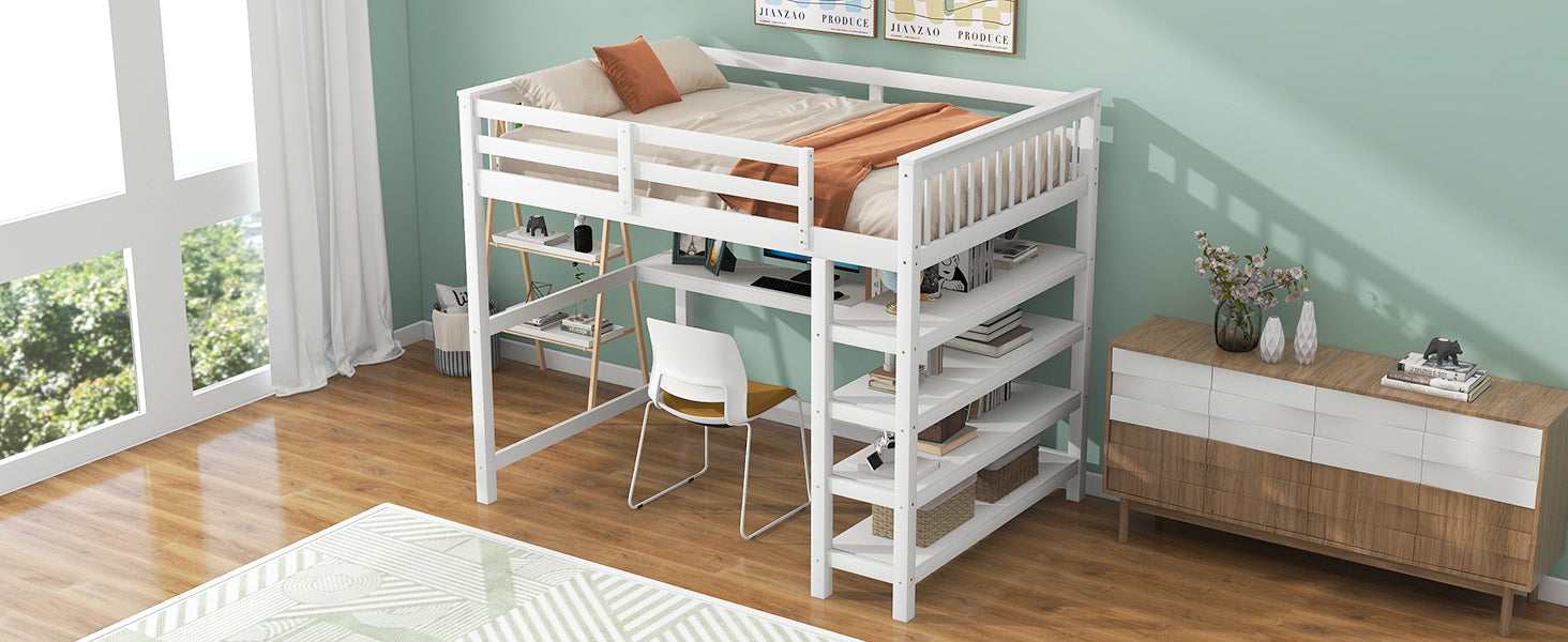 Full Size Loft Bed With Storage Shelves And Under Bed Desk, White Box Spring Not Required Full White Wood Bedroom Pine