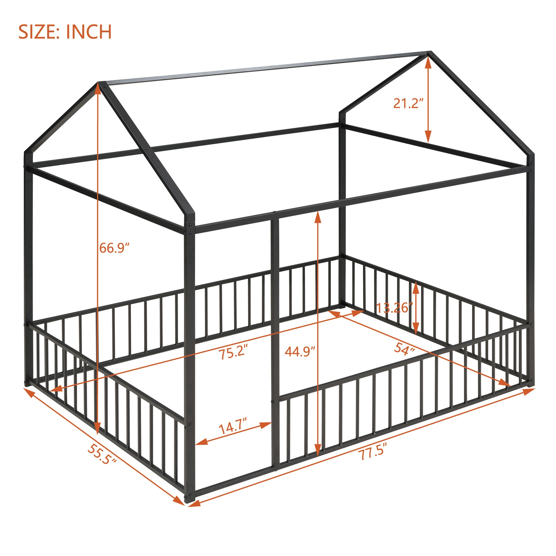 Full Size Metal Bed House Bed Frame With Fence, For Kids, Teens, Girls, Boys,Black Black Metal