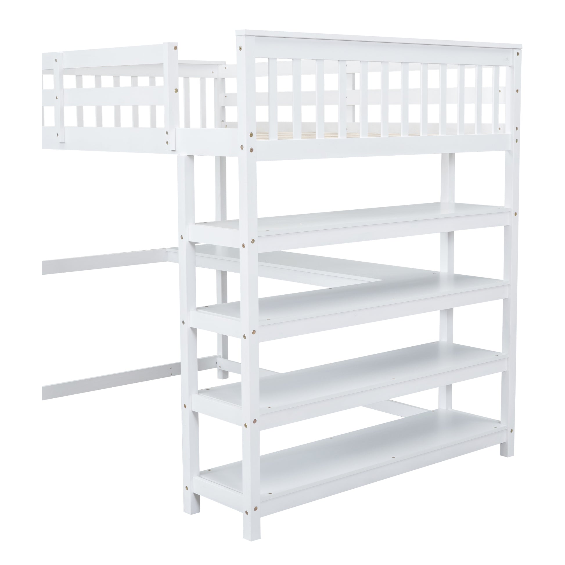 Full Size Loft Bed With Storage Shelves And Under Bed Desk, White Box Spring Not Required Full White Wood Bedroom Pine