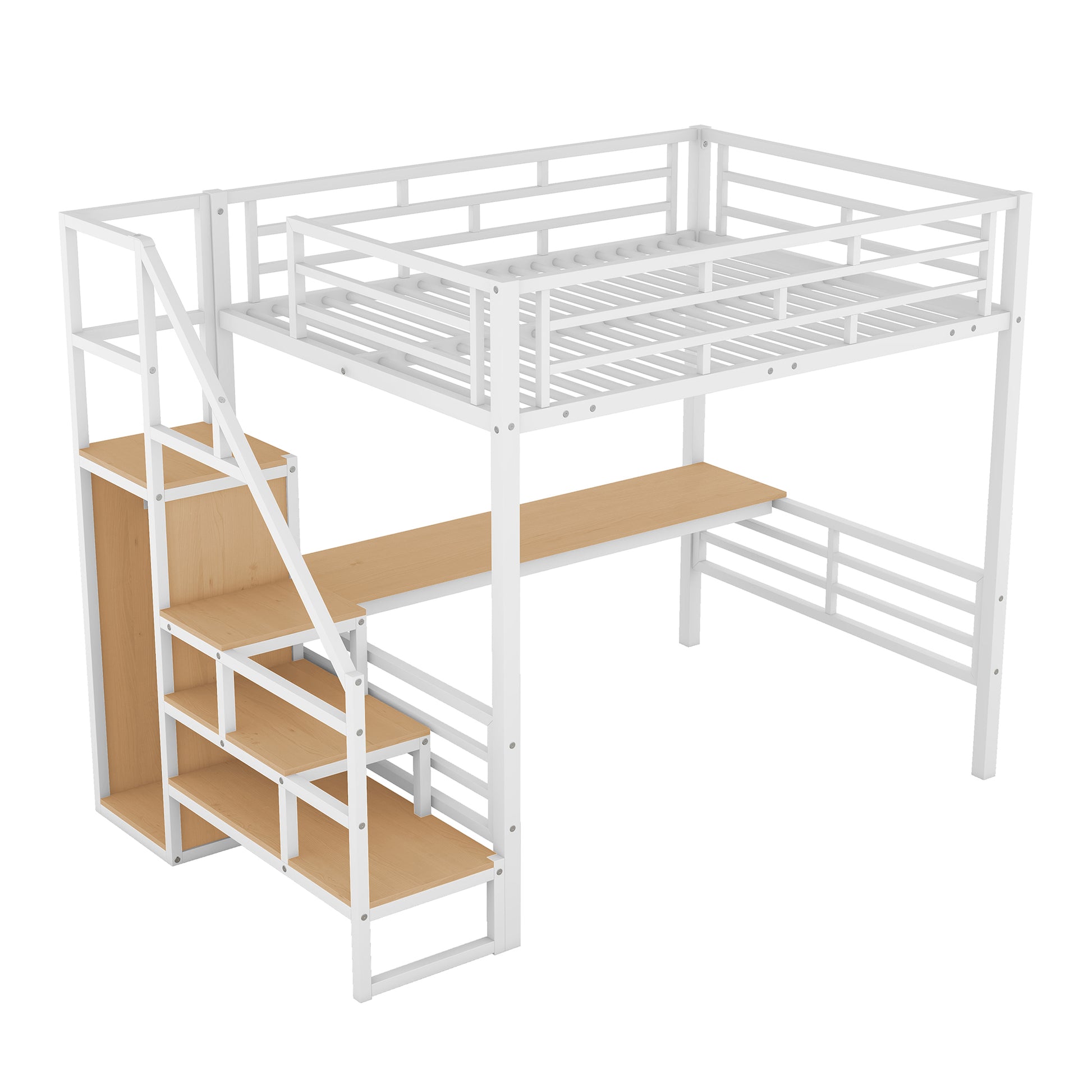 Full Size Metal Loft Bed With Desk, Storage Staircase And Small Wardrobe, Storage Stairs Can Be Installed Left And Right, White Box Spring Not Required Full White Metal Bedroom Bed Frame Metal