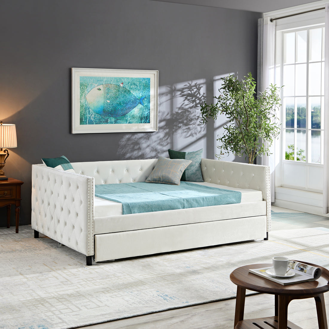 Sofa bed with wheels, upgraded velvet upholstered sofa full-beige-wood-bedroom-american