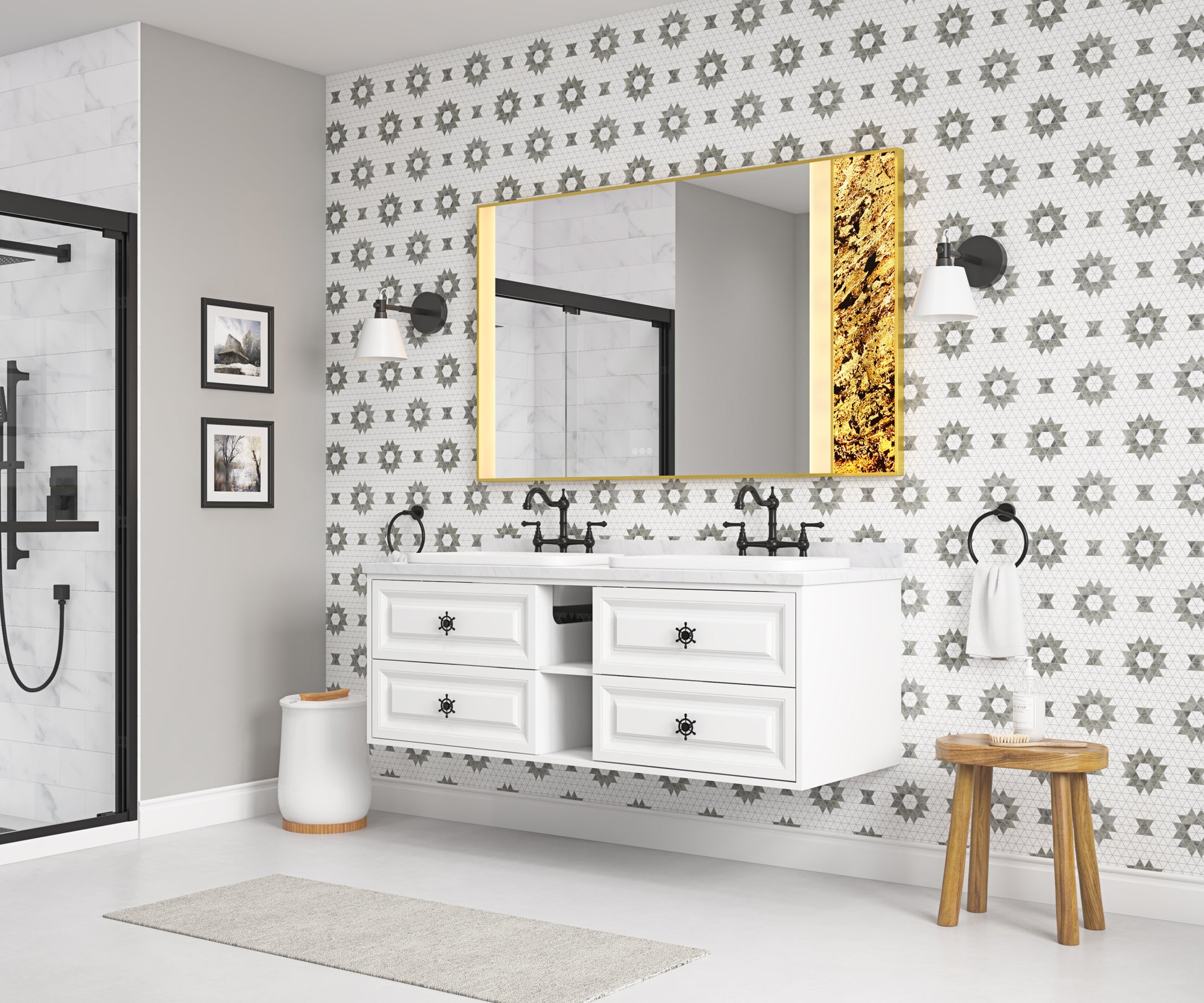 60*23*21in Wall Hung Doulble Sink Bath Vanity Cabinet white-abs+steel(q235)+wood+pvc