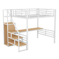 Full Size Metal Loft Bed With Desk, Storage Staircase And Small Wardrobe, Storage Stairs Can Be Installed Left And Right, White Box Spring Not Required Full White Metal Bedroom Bed Frame Metal