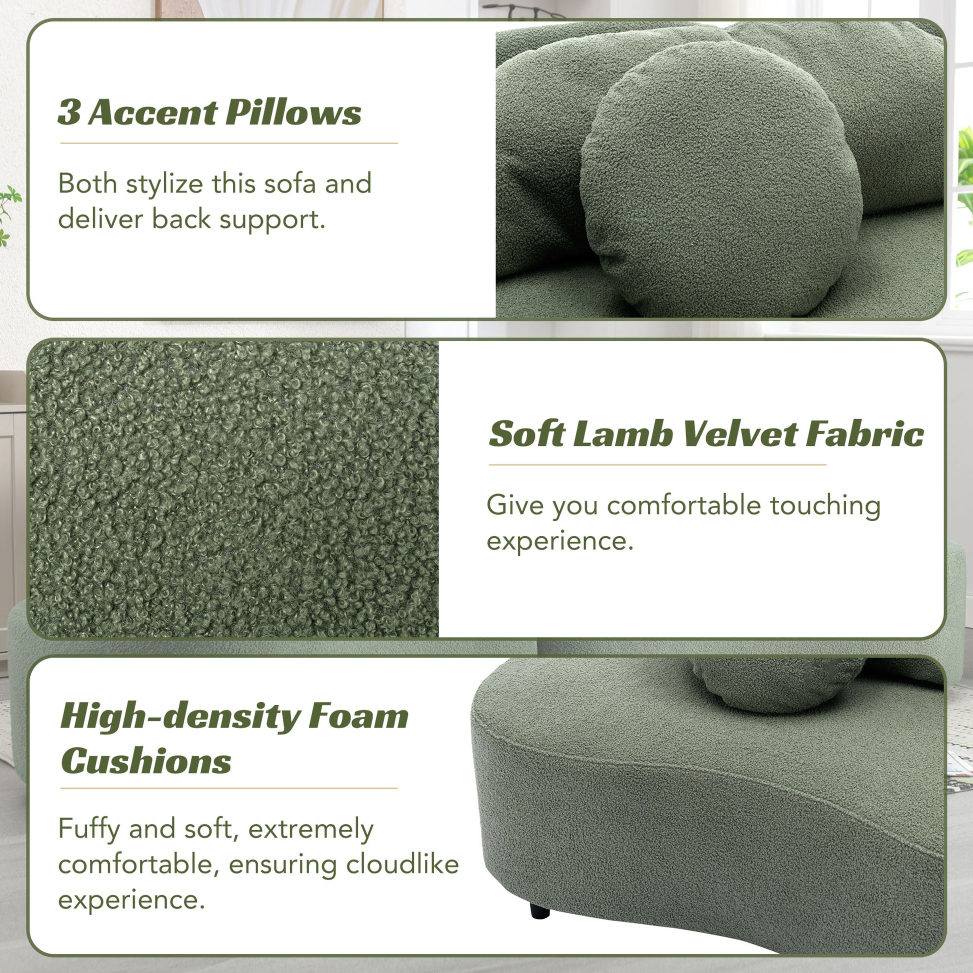 103.9" Modern Living Room Sofa Lamb Velvet Upholstered Couch Furniture For Home Or Office, Green Green Foam 2 Seat