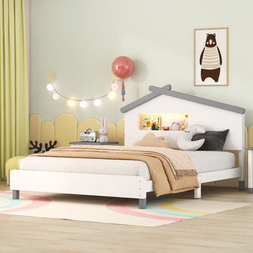 Full Size Wood Platform Bed With House Shaped Headboard And Motion Activated Night Lights White Gray White Wood