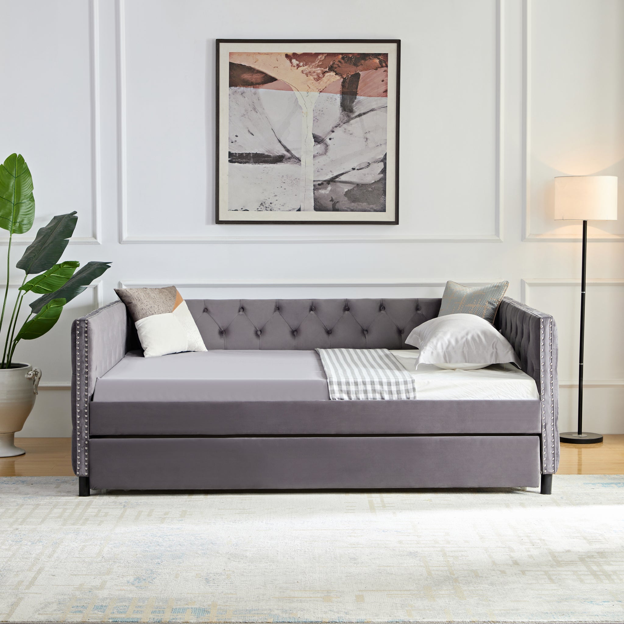 Sofa bed with wheels, upgraded velvet upholstered sofa box spring not