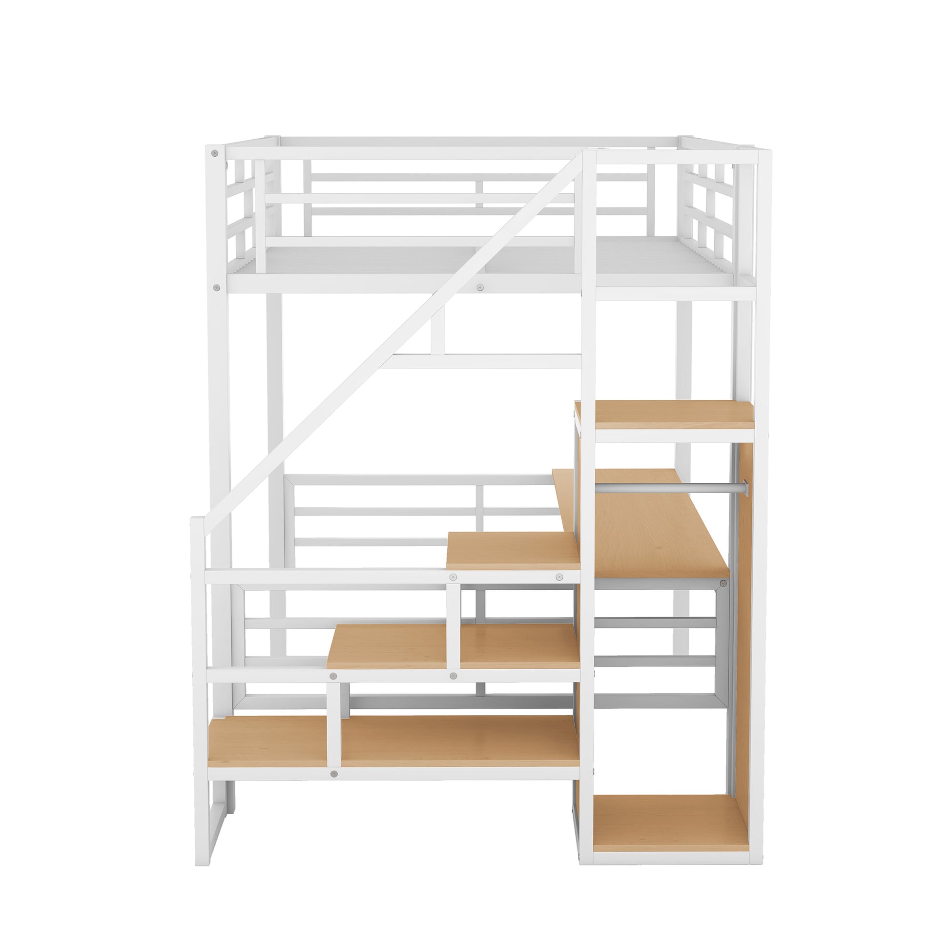 Full Size Metal Loft Bed With Desk, Storage Staircase And Small Wardrobe, Storage Stairs Can Be Installed Left And Right, White Box Spring Not Required Full White Metal Bedroom Bed Frame Metal