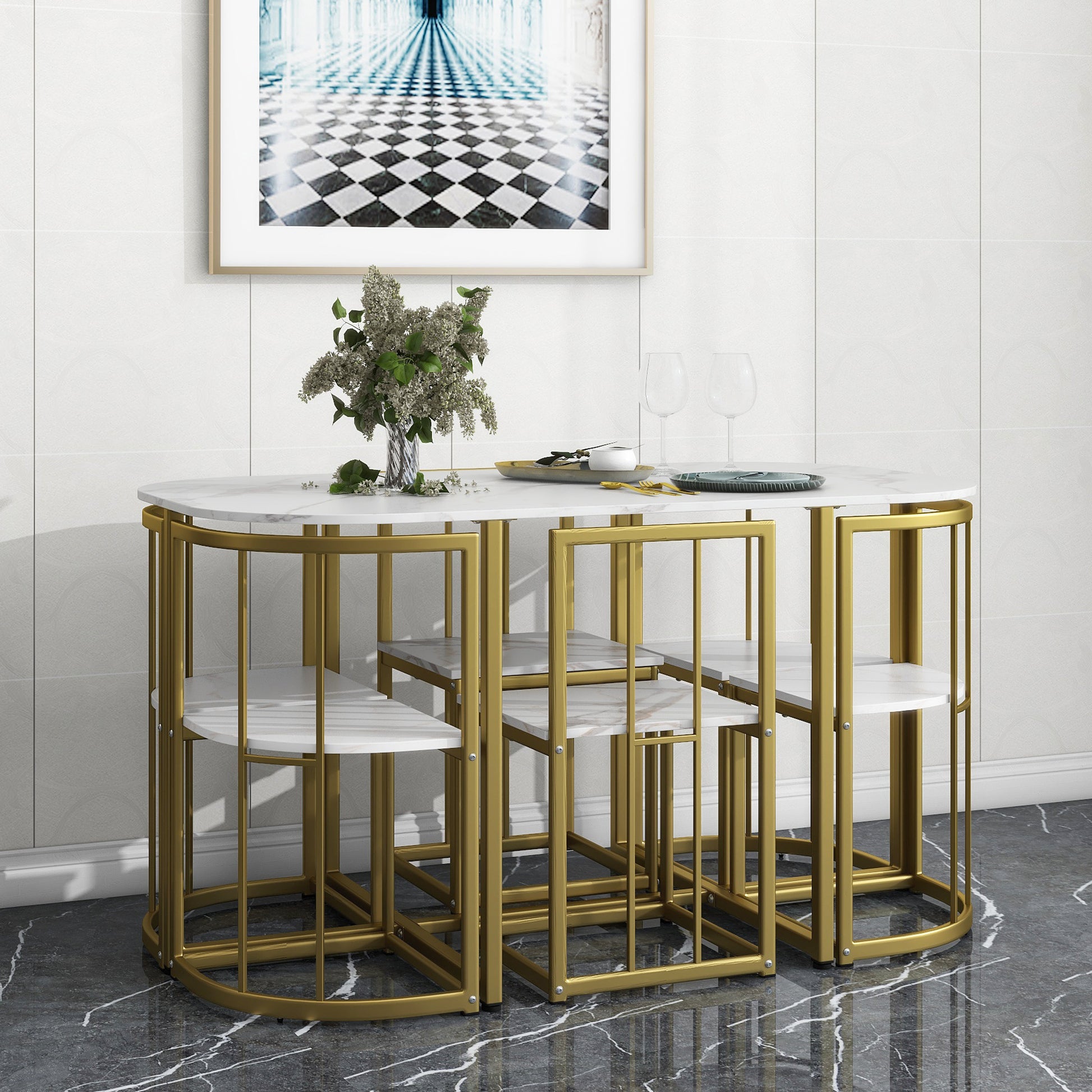 Modern 7 Piece Dining Table Set With Faux Marble Compact 55Inch Kitchen Table Set For 6, Golden White Metal Golden White Seats 6 Metal Dining Room Modern Dining Table With Chair Iron