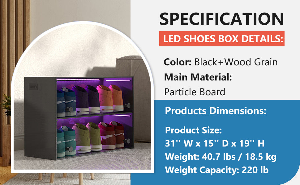 Video Sneaker Storage, Wooden Stackable Shoe Storage Box With Sliding Glass Door, Shoe Organizer Storage Box With Rgb Led Light For Up To 6 Pairs Of Shoes, Shoe Storage Bin For Display Sneakers Black Primary Living Space Particle Board