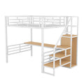 Full Size Metal Loft Bed With Desk, Storage Staircase And Small Wardrobe, Storage Stairs Can Be Installed Left And Right, White Box Spring Not Required Full White Metal Bedroom Bed Frame Metal