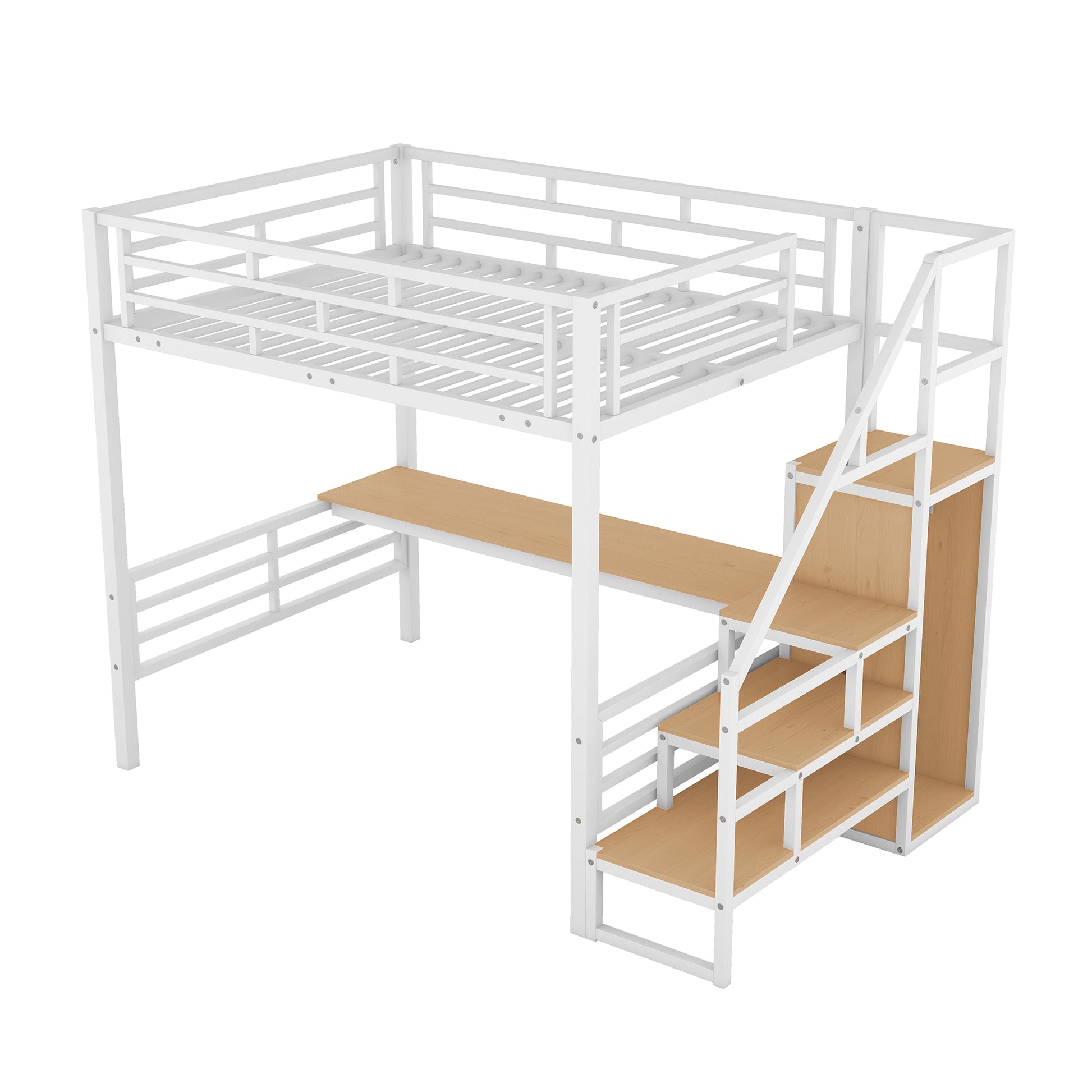 Full Size Metal Loft Bed With Desk, Storage Staircase And Small Wardrobe, Storage Stairs Can Be Installed Left And Right, White Box Spring Not Required Full White Metal Bedroom Bed Frame Metal